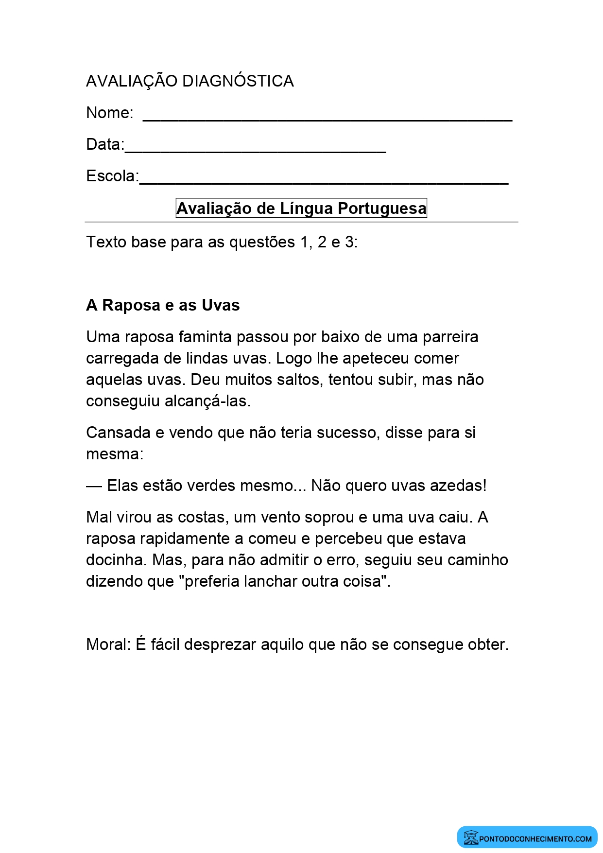 Avaliação diagnóstica para o quarto ano português e matemática