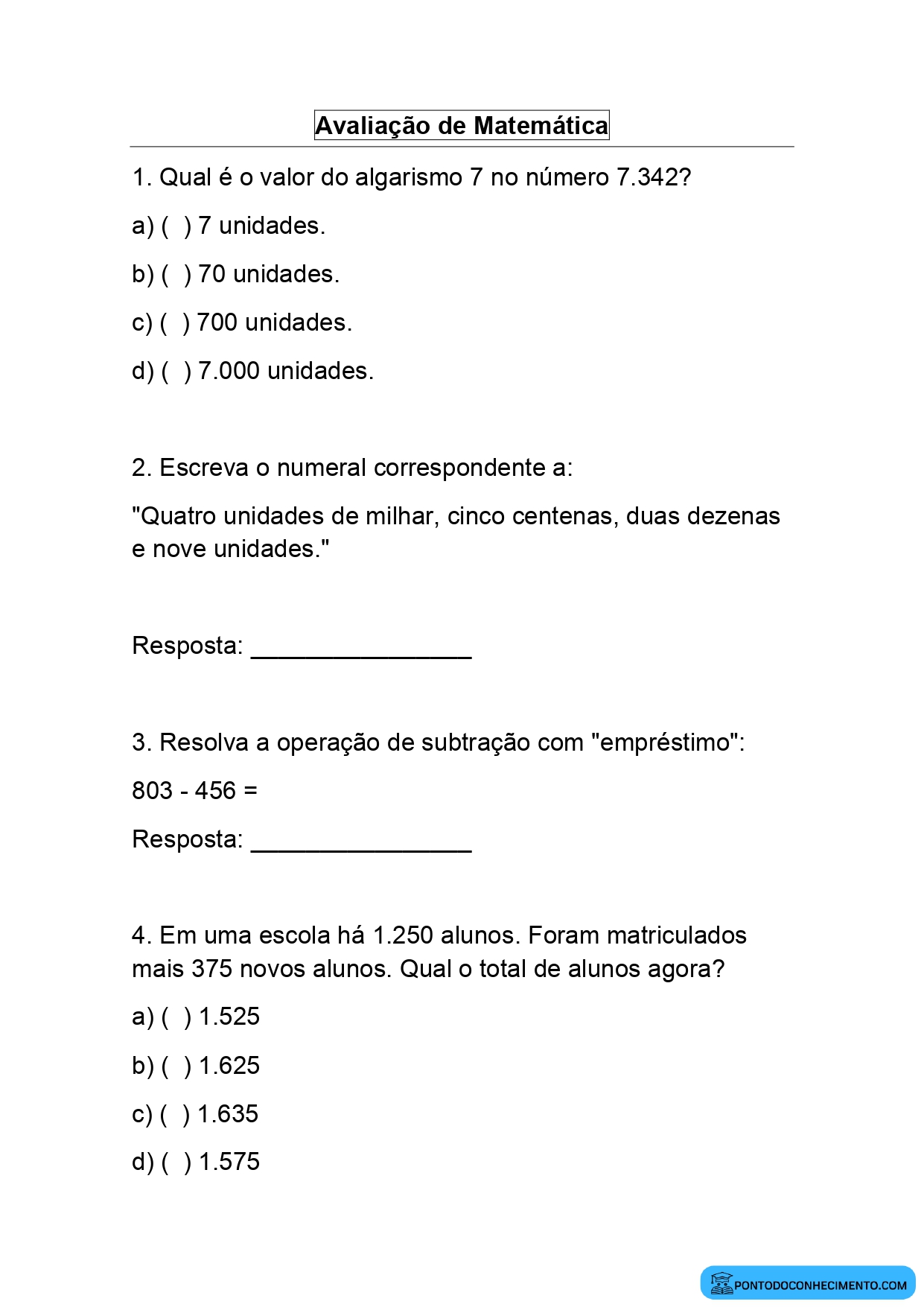Avaliação diagnóstica 4º ano