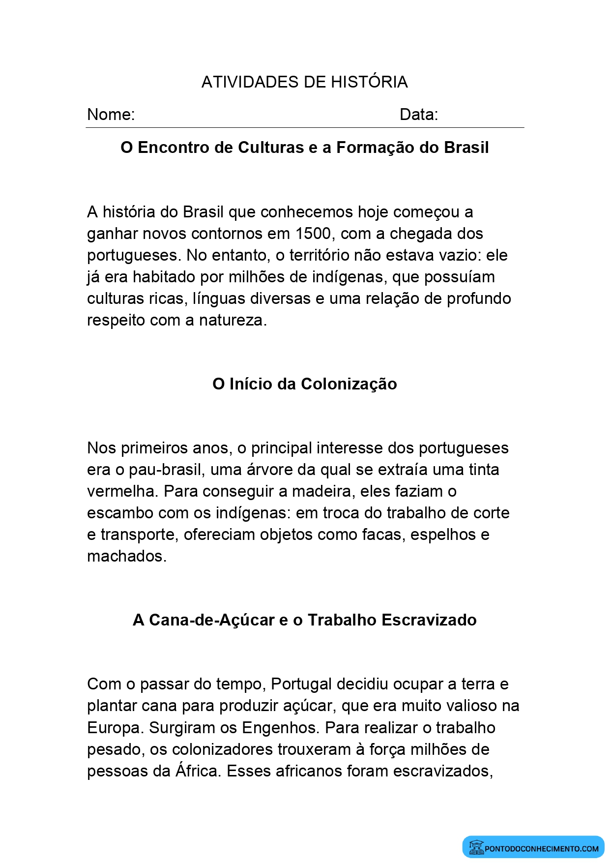 Teste de História Quarto Ano terceiro Bimestre