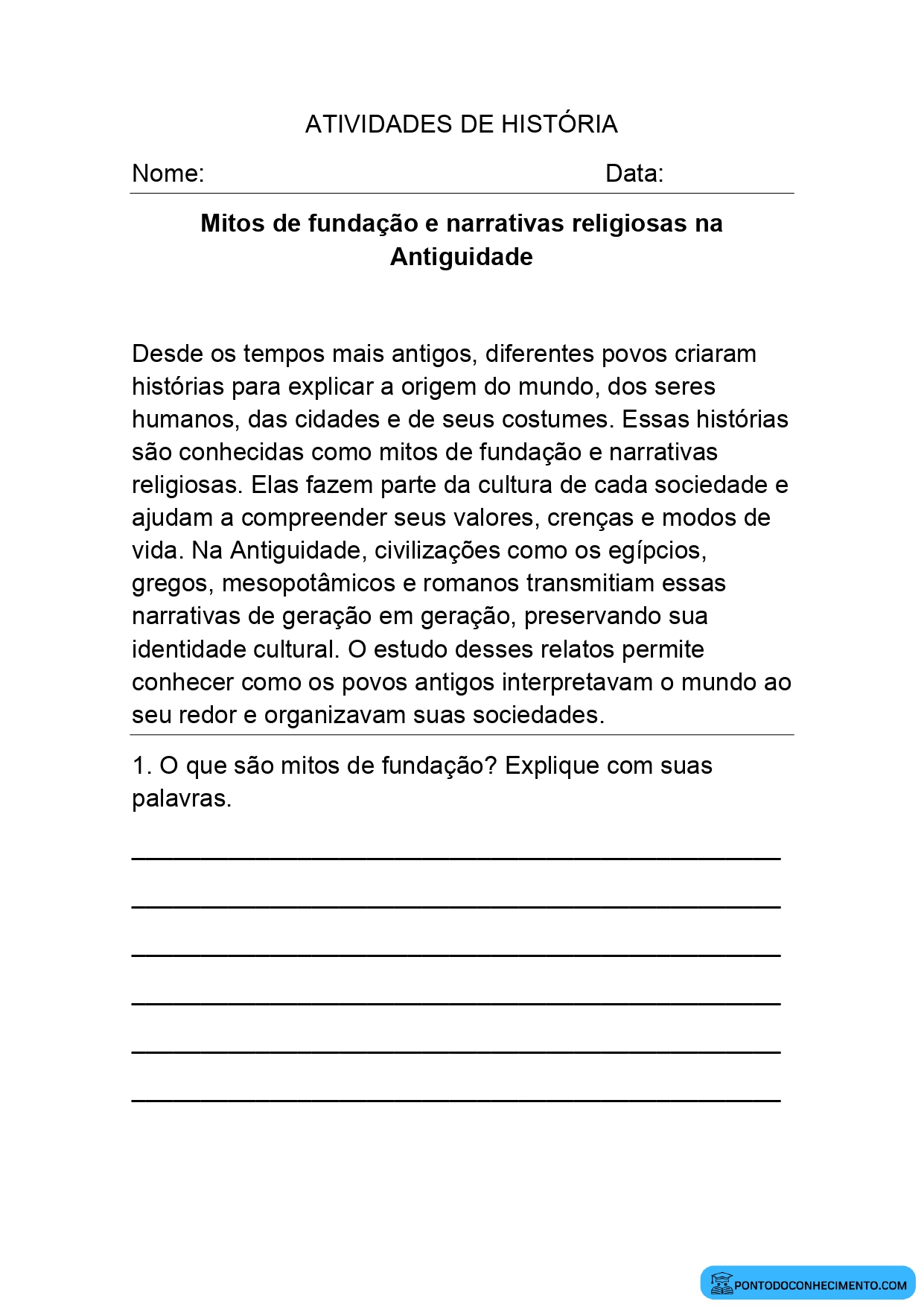 Atividade de História com Questões Discursivas sobre Mitos de Fundação para o 5º Ano