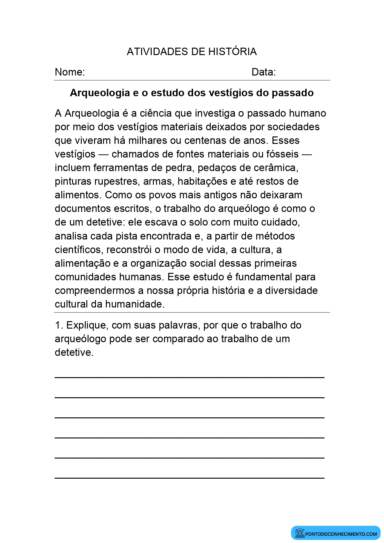 Atividade de História para o quinto ano sobre arqueologia