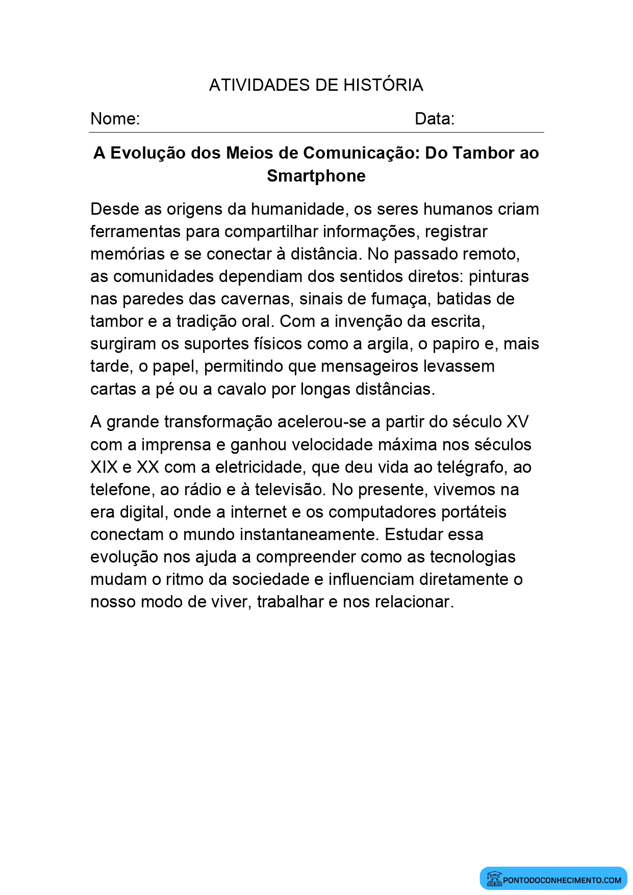 Atividade de História para o quinto ano sobre meios de comunicação antigos e atuais