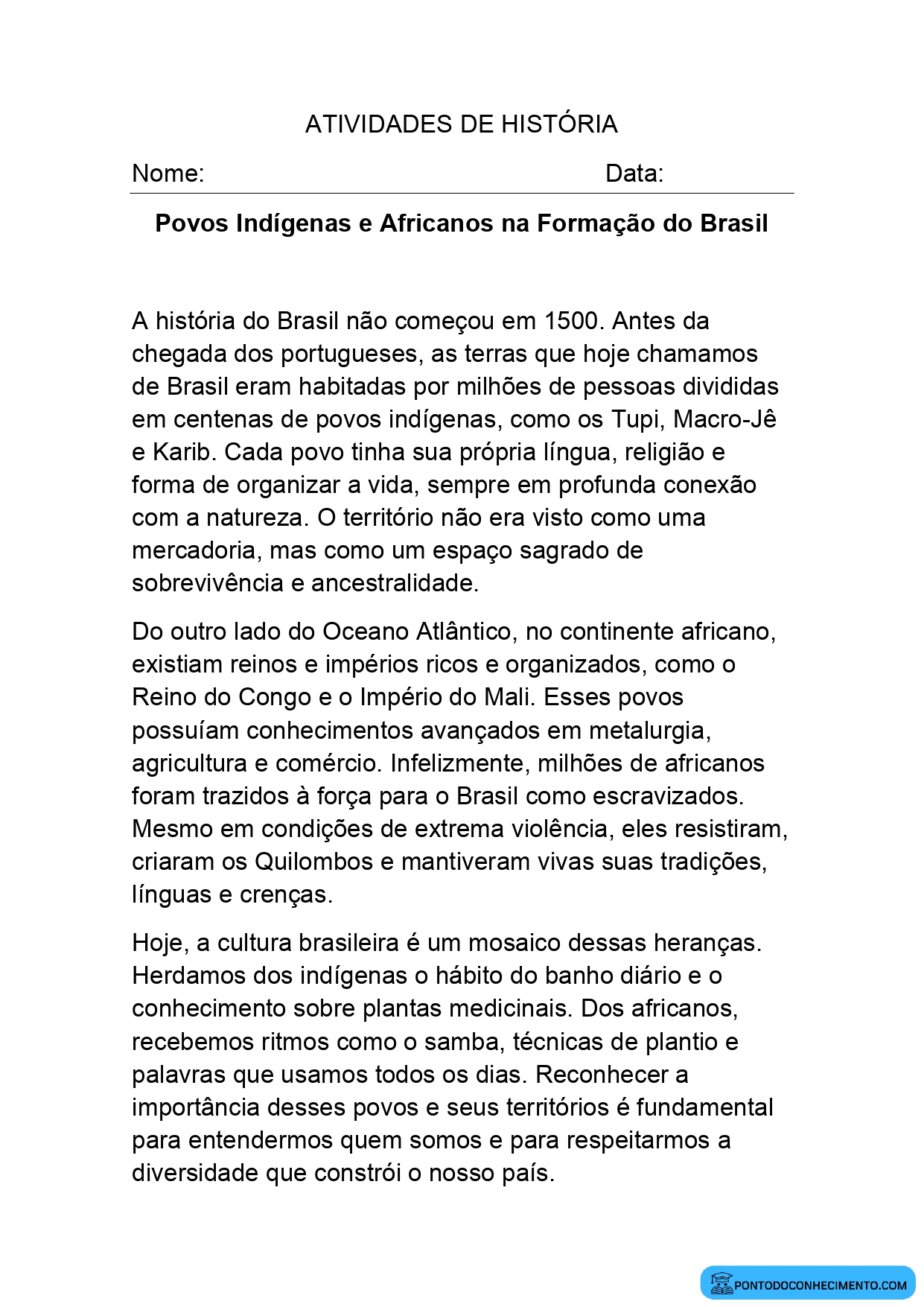 Atividade de múltipla escolha de História para o quinto ano sobre povos indígenas originários e povos africanos