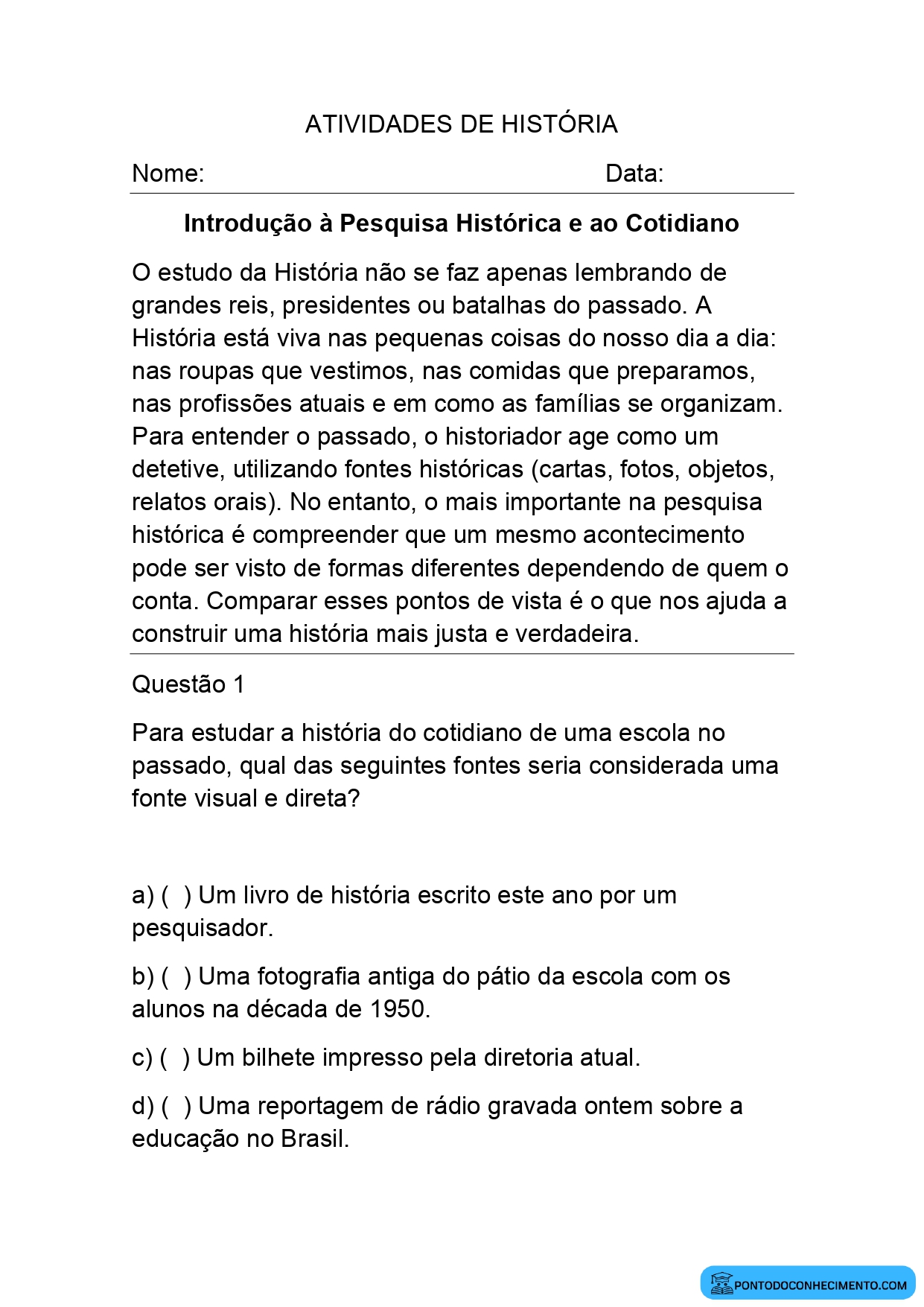 Atividade de História para o quinto ano sobre história do cotidiano