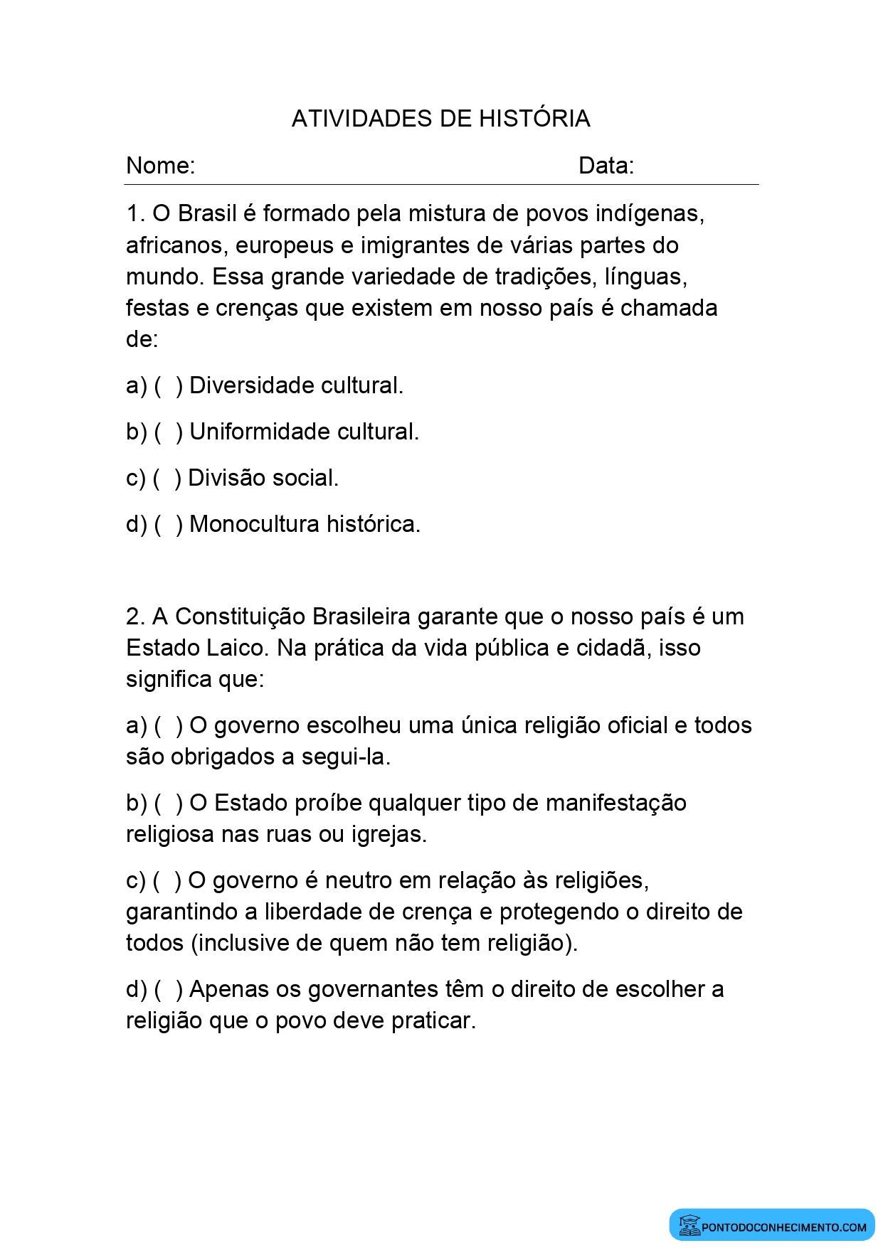 Atividade de História para o quinto ano sobre diversidade cultural e respeito às crenças
