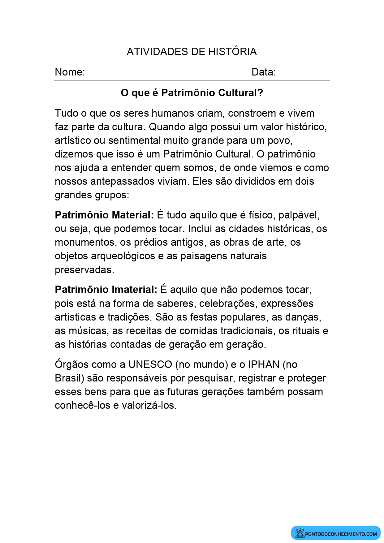 Atividades de História 5º ano sobre patrimônio material e imaterial