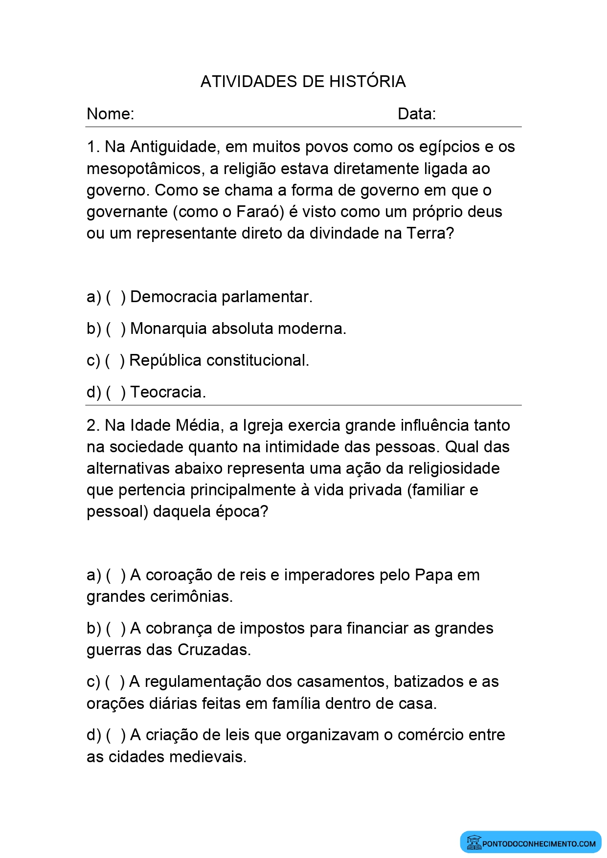 Atividade de História para o 5º Ano sobre o Papel da Religiosidade na Vida Pública e Privada