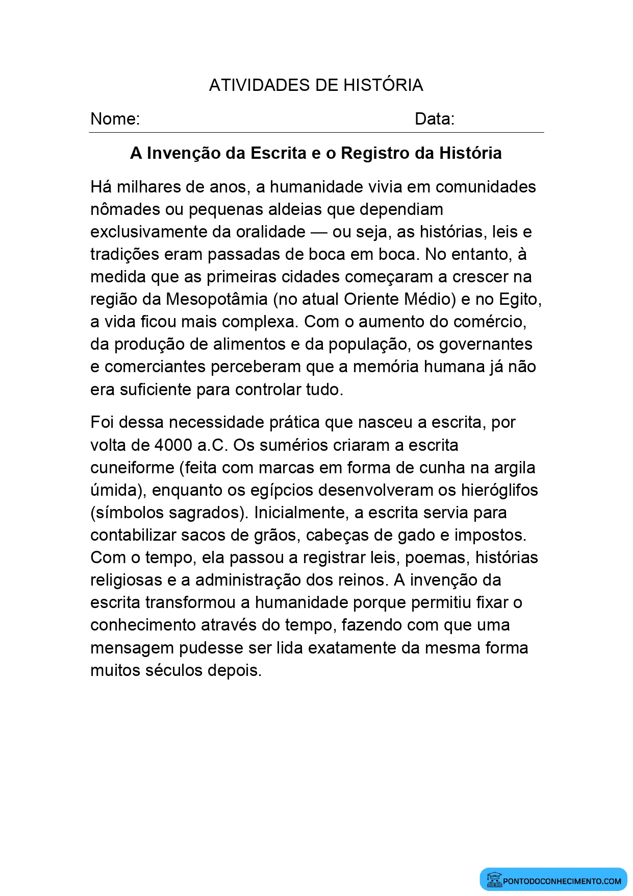 Atividades de História 5º ano sobre a origem da escrita