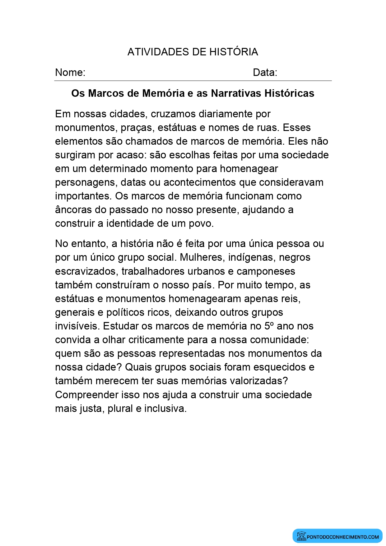 Atividades de História 5º ano sobre marcos de memória e grupos sociais