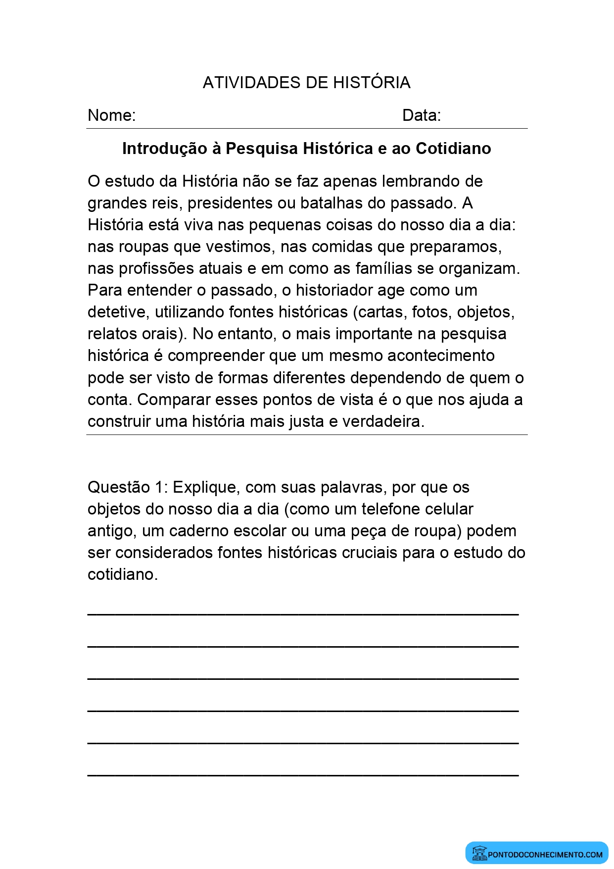 Atividades de História 5º ano sobre história do cotidiano e diferentes pontos de vista