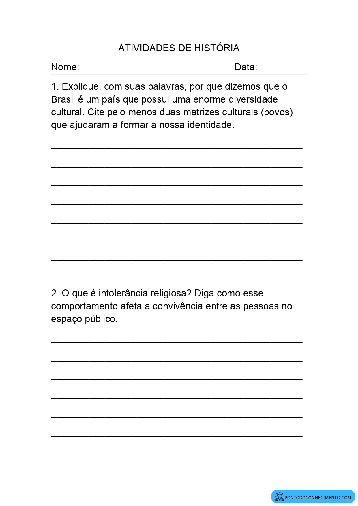 Atividades de História 5º ano sobre diversidade cultural e respeito às crenças