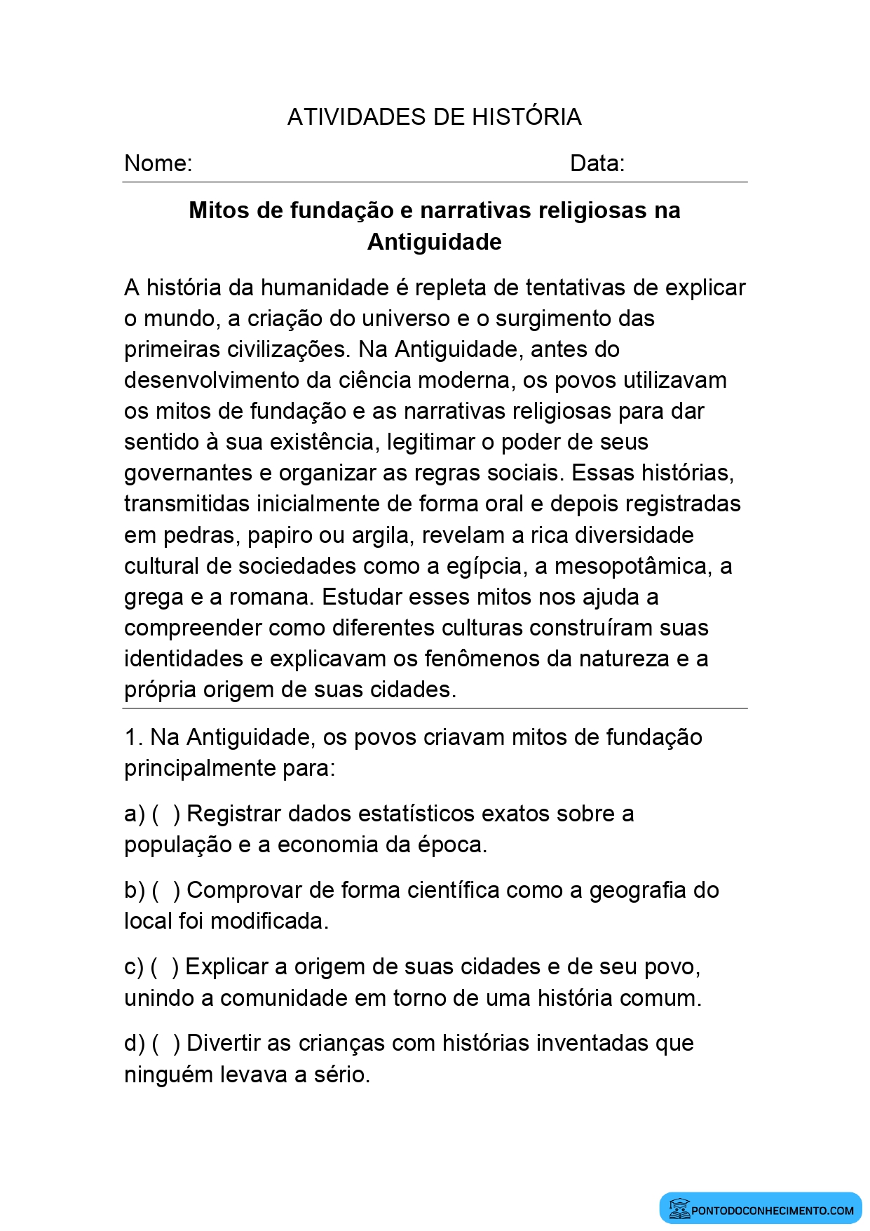 Atividade de História com Questões de Múltipla Escolha sobre Mitos de Fundação para o 5º Ano