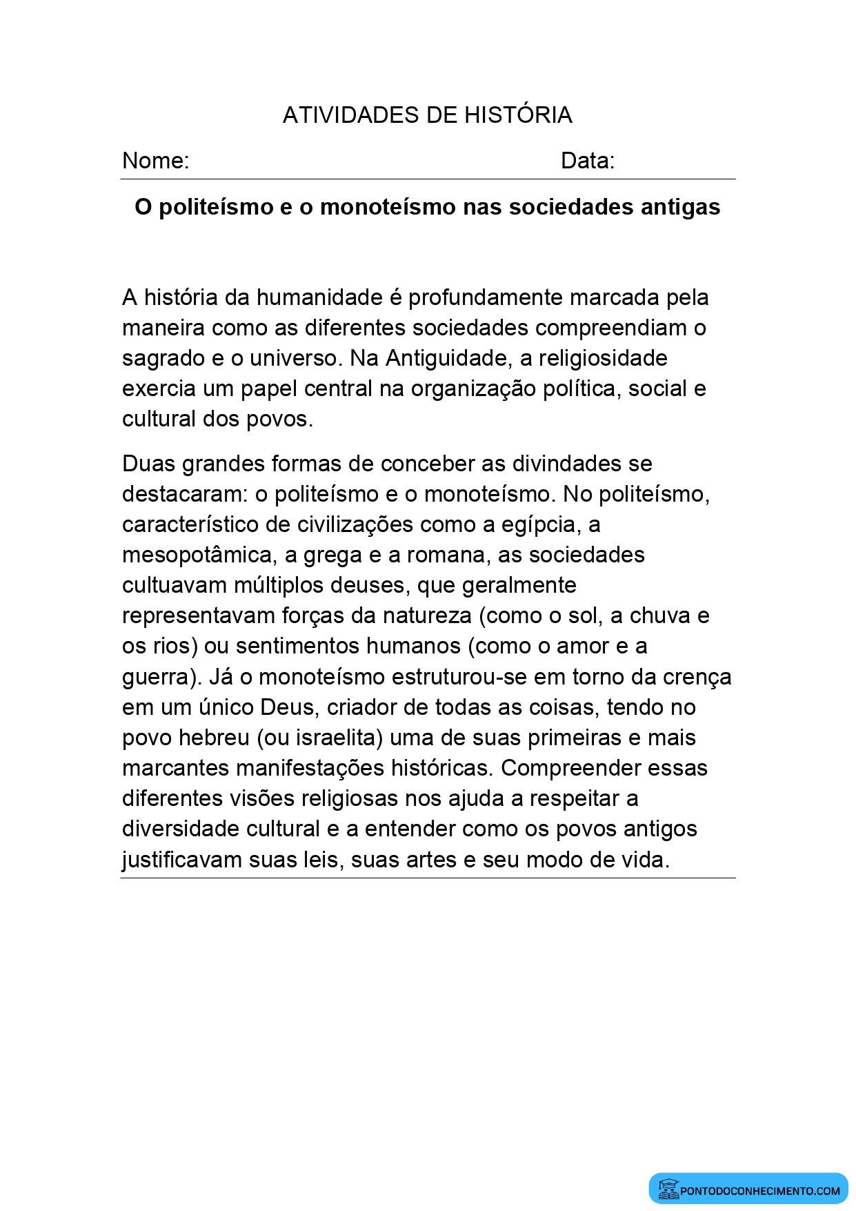 Atividade de História para o 5º Ano sobre Politeísmo e Monoteísmo
