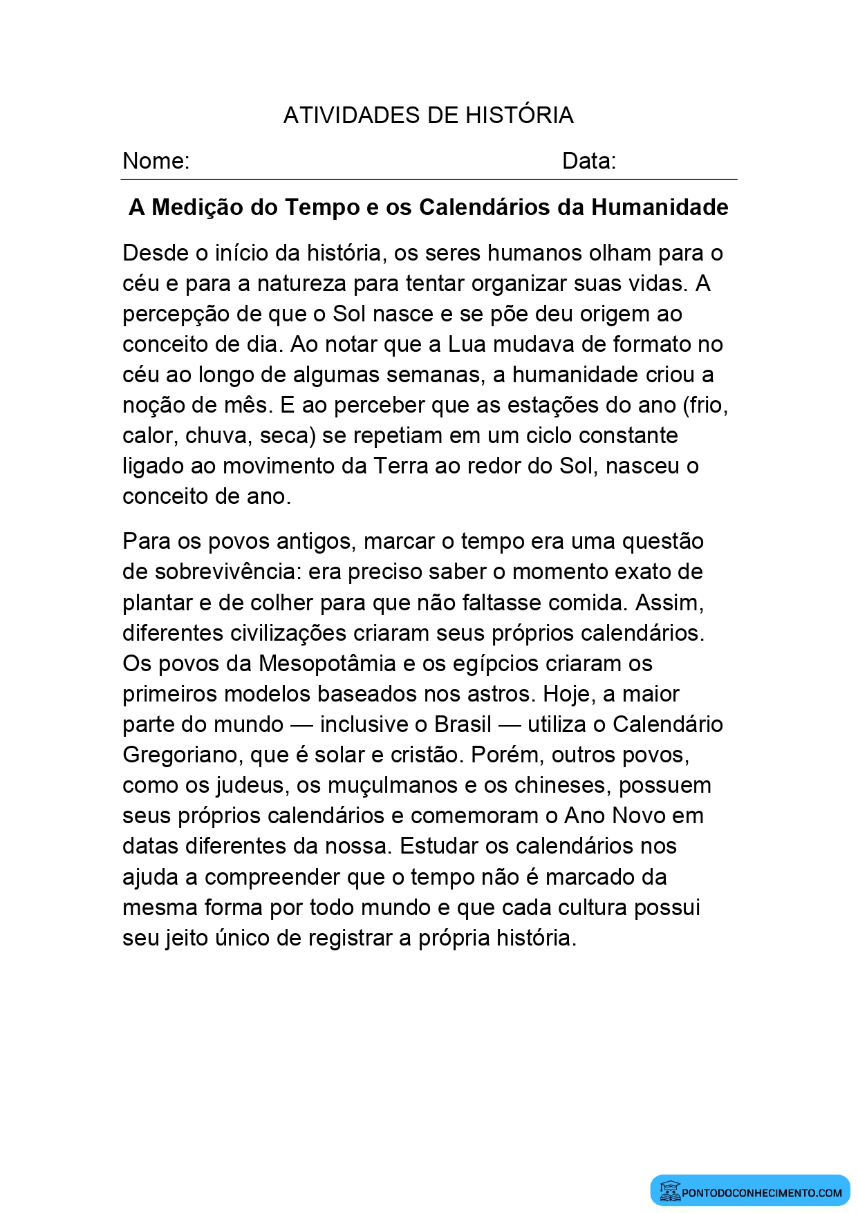 Atividade de História para o 5º Ano sobre a Passagem do Tempo e os Calendários