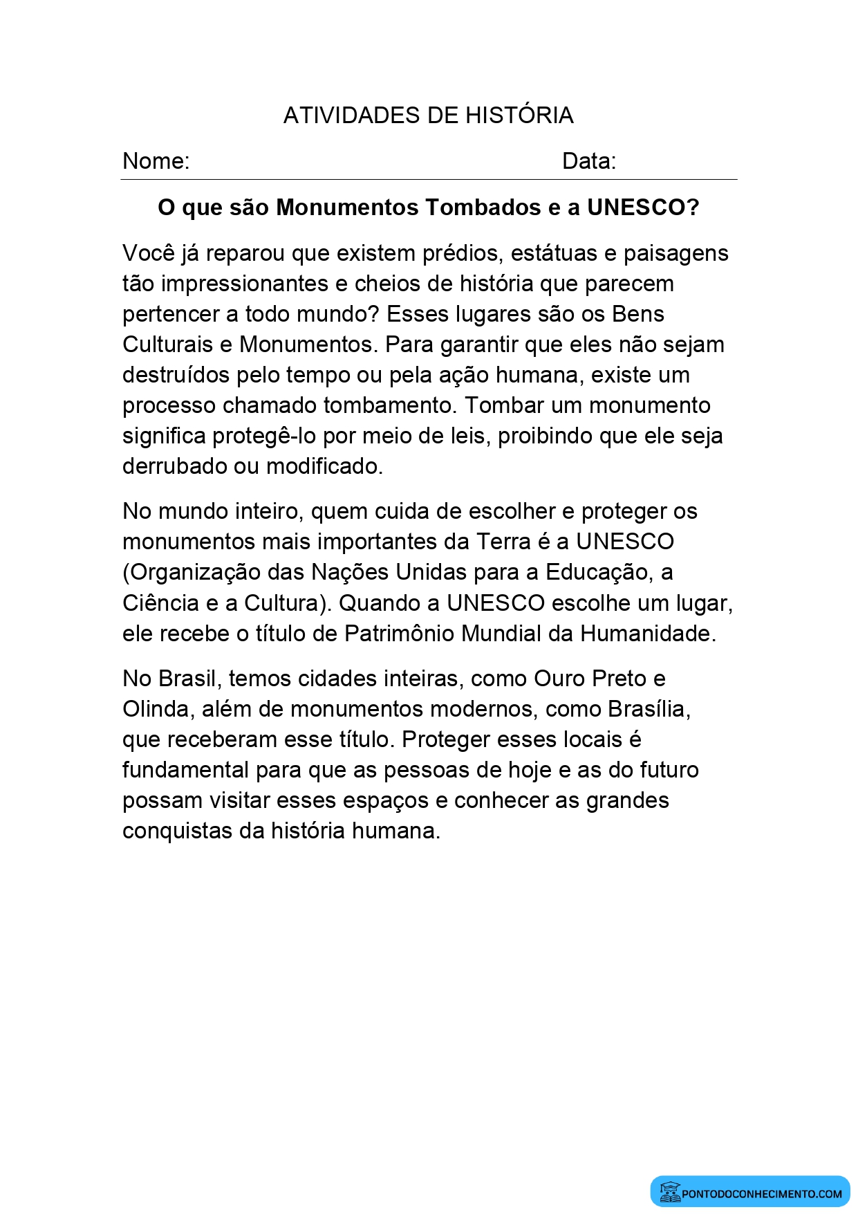 Atividade de História para o 5º Ano sobre Bens Culturais e Patrimônio Mundial