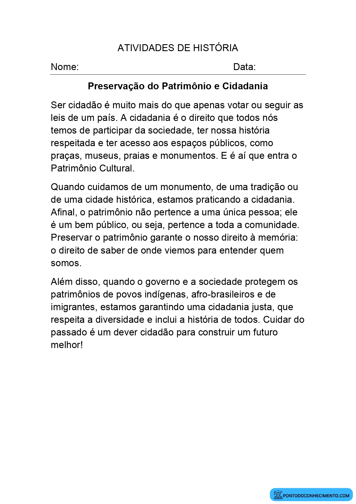 Atividade de História para o 5º Ano sobre Preservação do Patrimônio e Cidadania