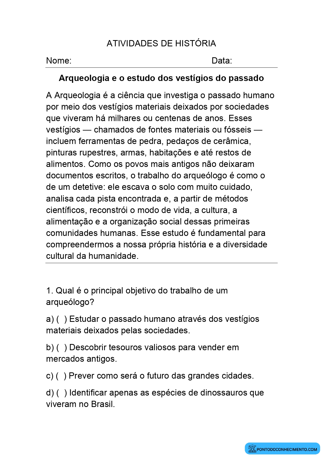 Atividade de História 5º Ano sobre Arqueologia