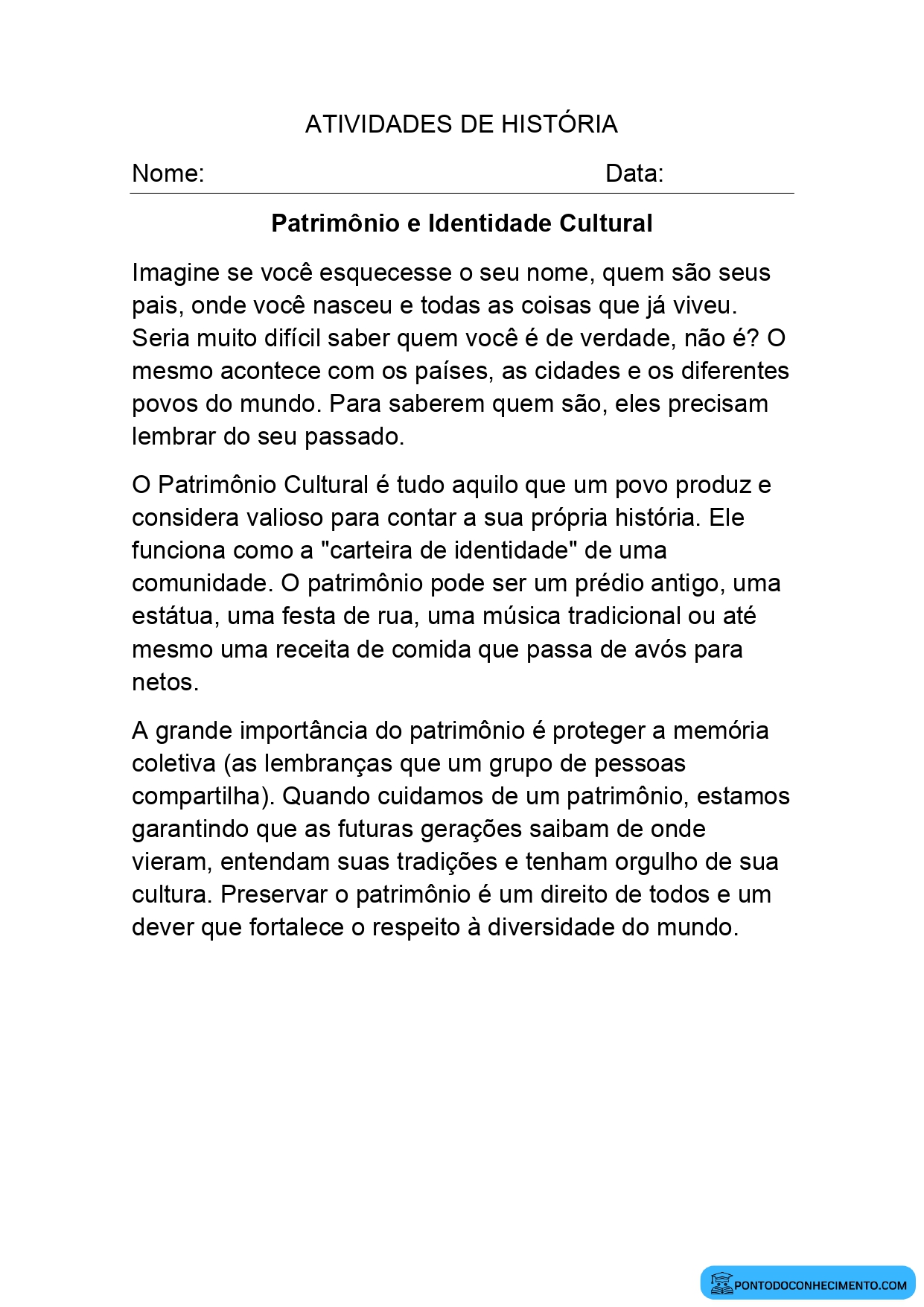 Atividade de História para o quinto ano sobre patrimônio e identidade cultural