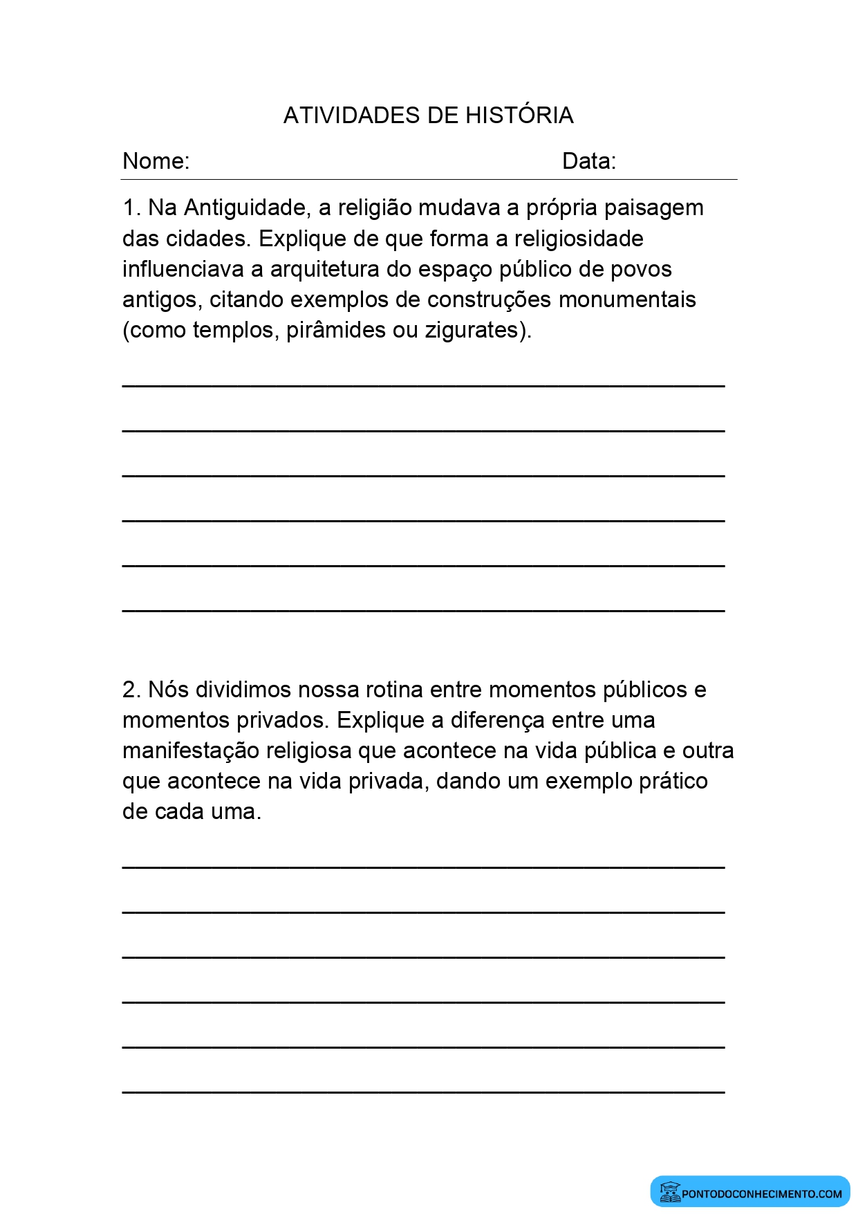 Atividade de História com Questões Discursivas sobre Religiosidade para o 5º Ano