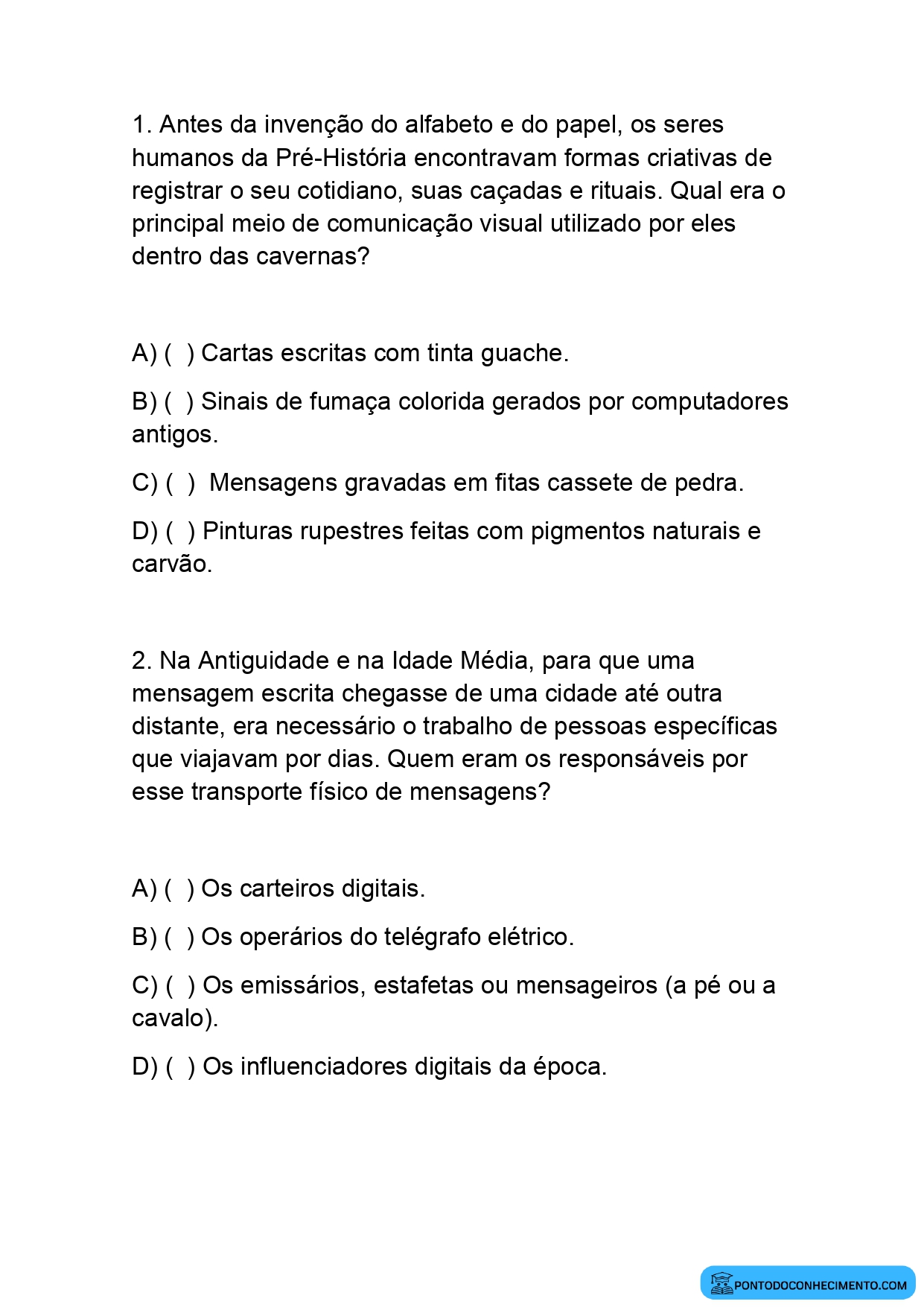 Exercícios de História sobre tecnologias de comunicação quinto ano