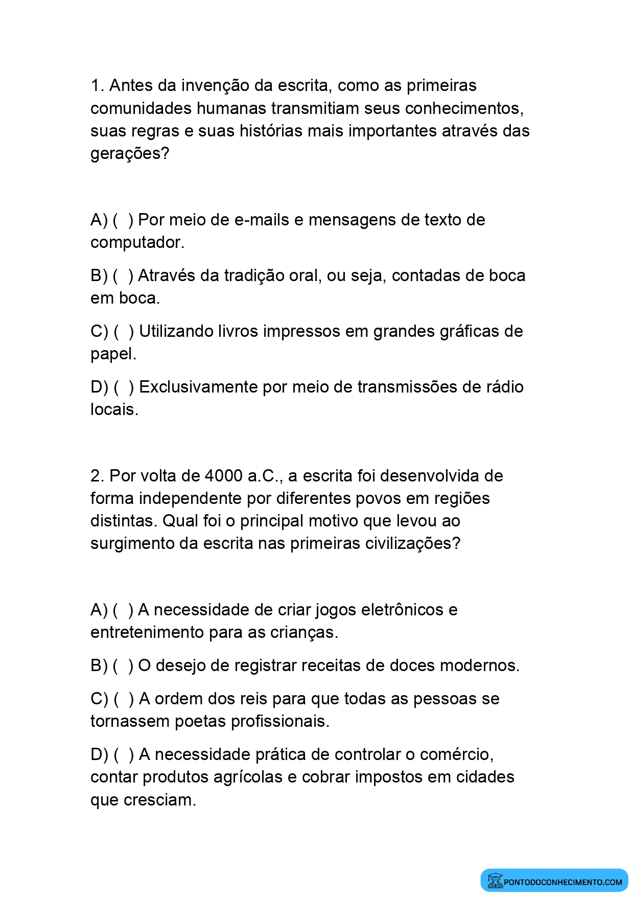 Exercícios de História sobre o surgimento da escrita quinto ano