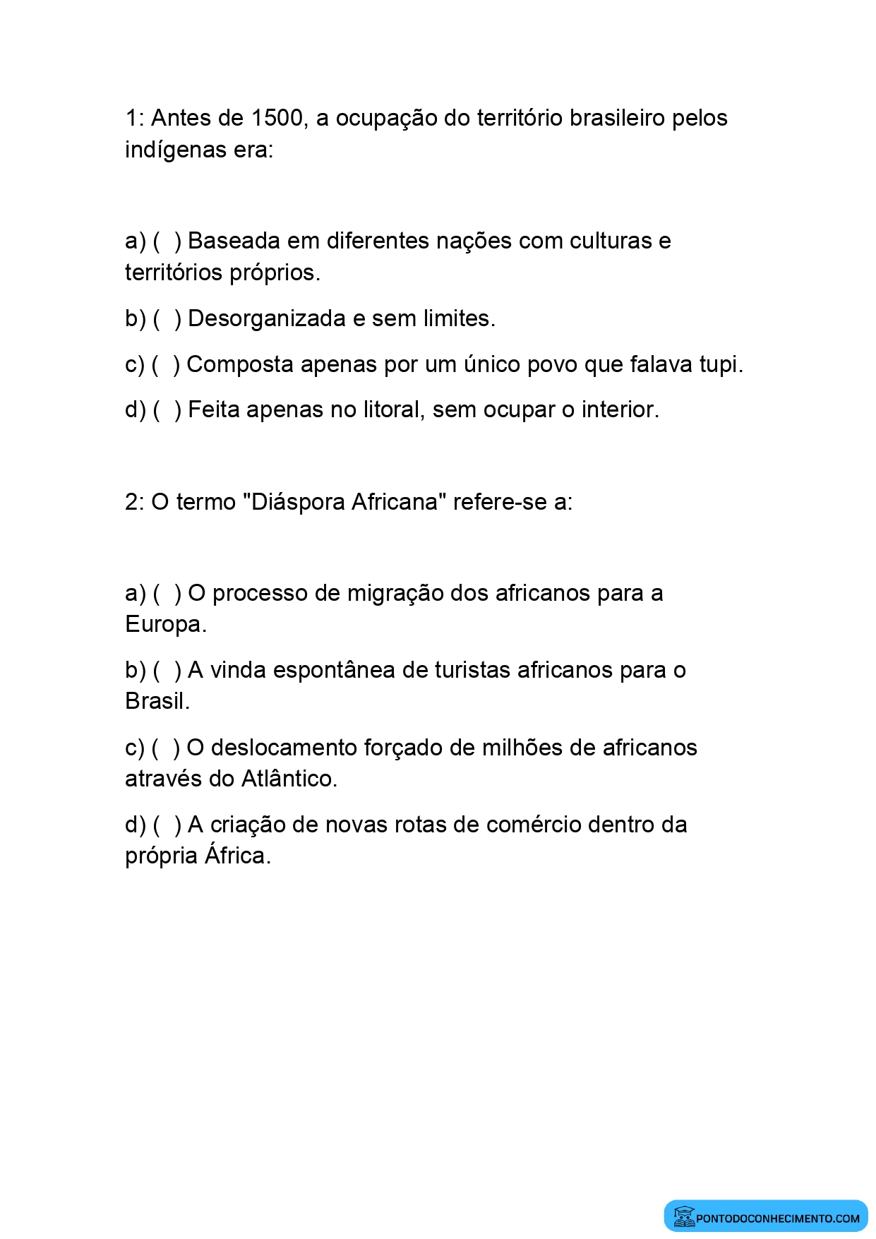 Atividade de História para o quinto ano sobre povos indígenas e povos africanos