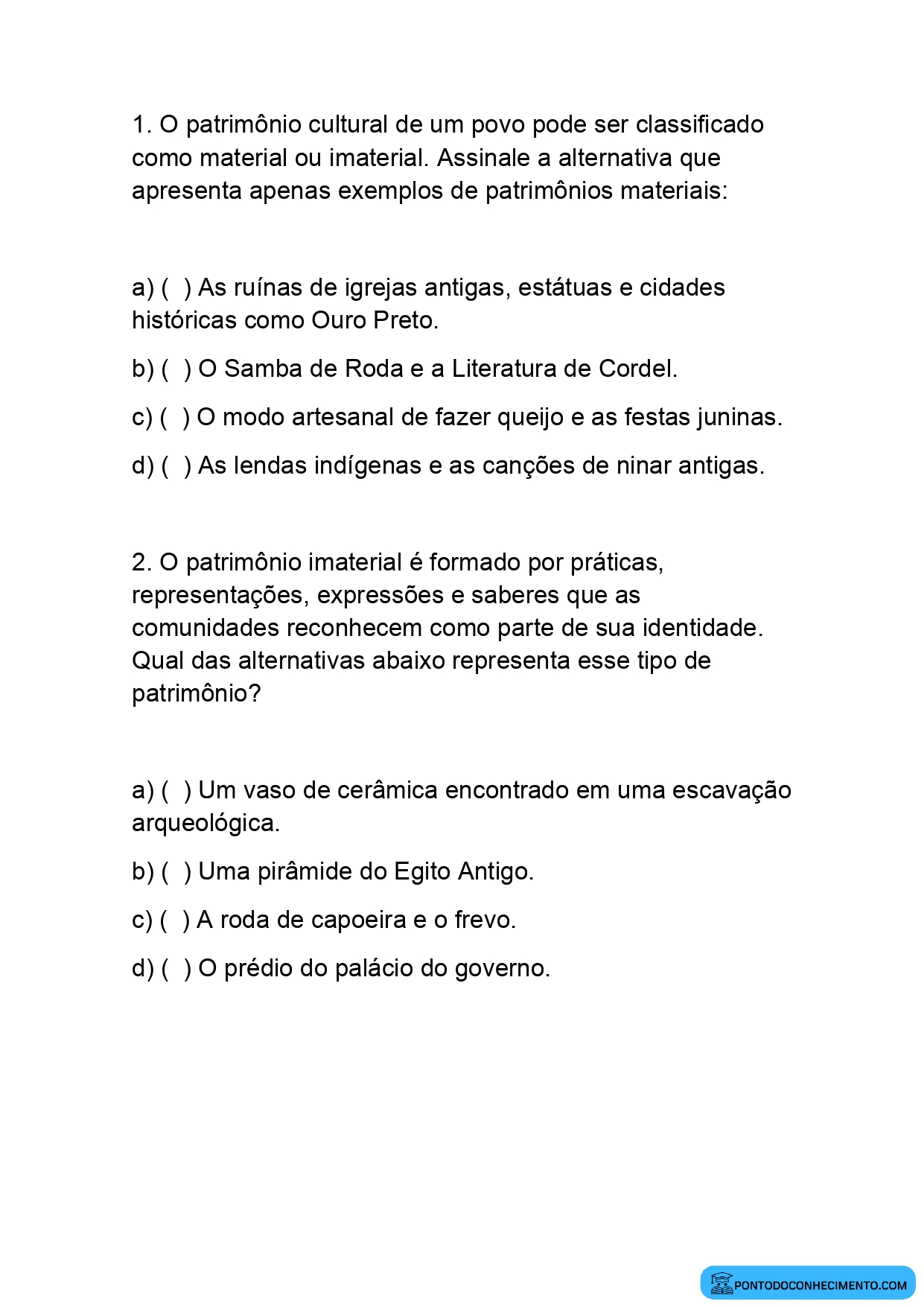 Exercícios de História sobre patrimônios materiais e imateriais quinto ano