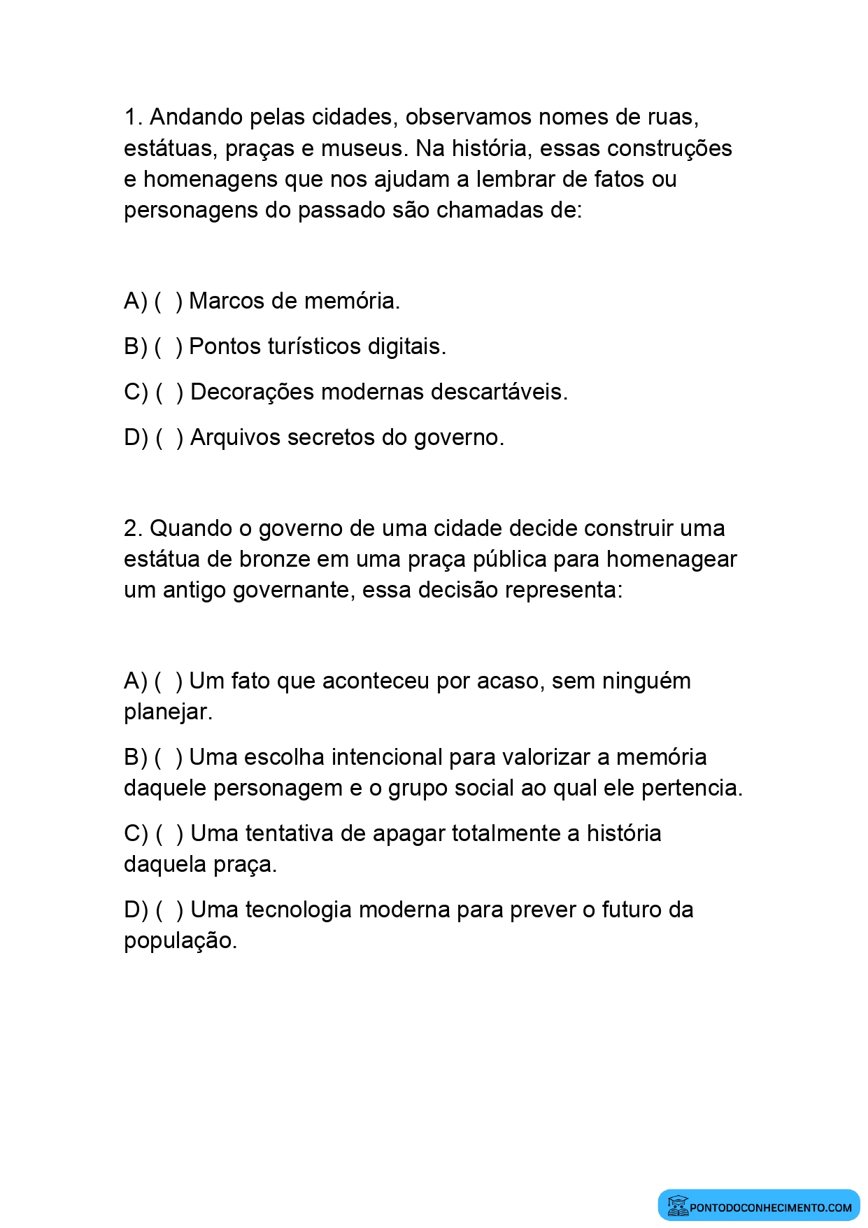 Exercícios de História sobre marcos de memória quinto ano