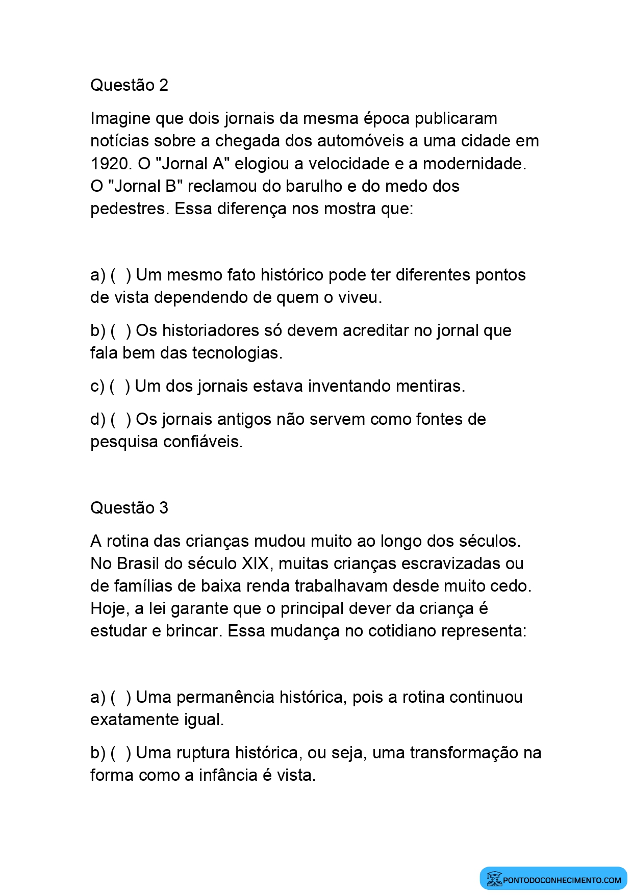 Exercícios de História sobre pesquisa histórica quinto ano
