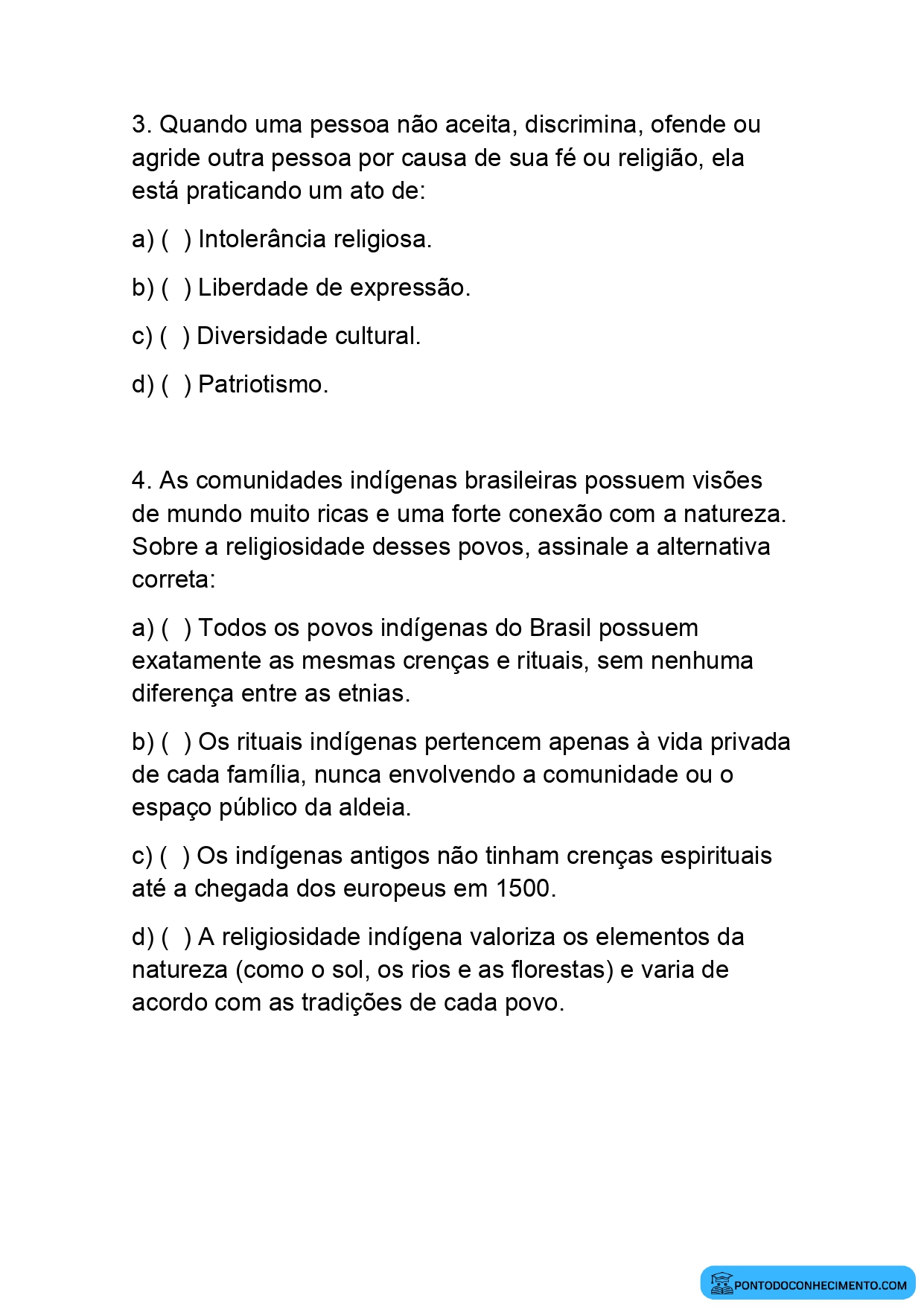 Exercícios de História sobre diversidade cultural quinto ano