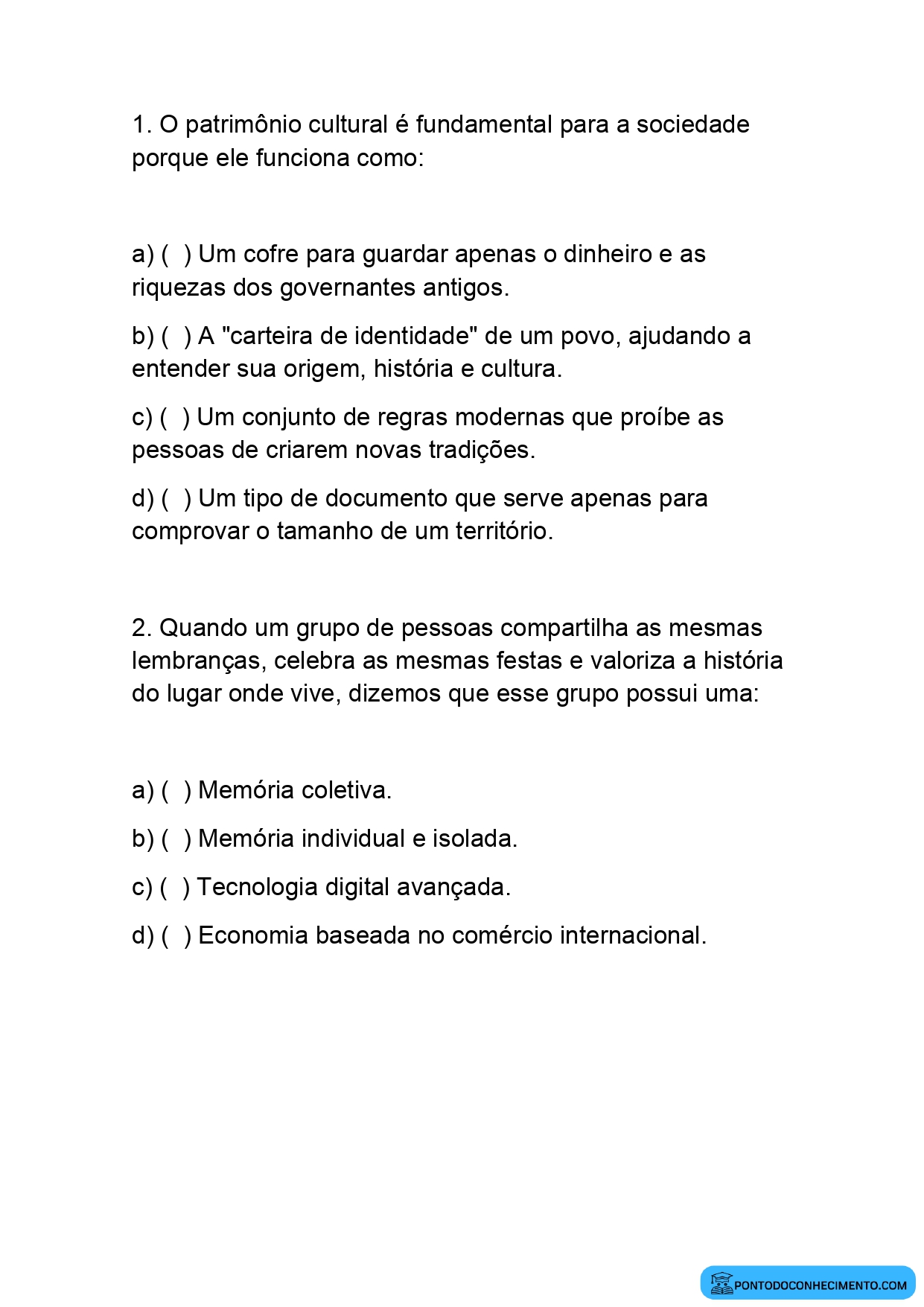 Exercícios de História sobre patrimônio cultural quinto ano