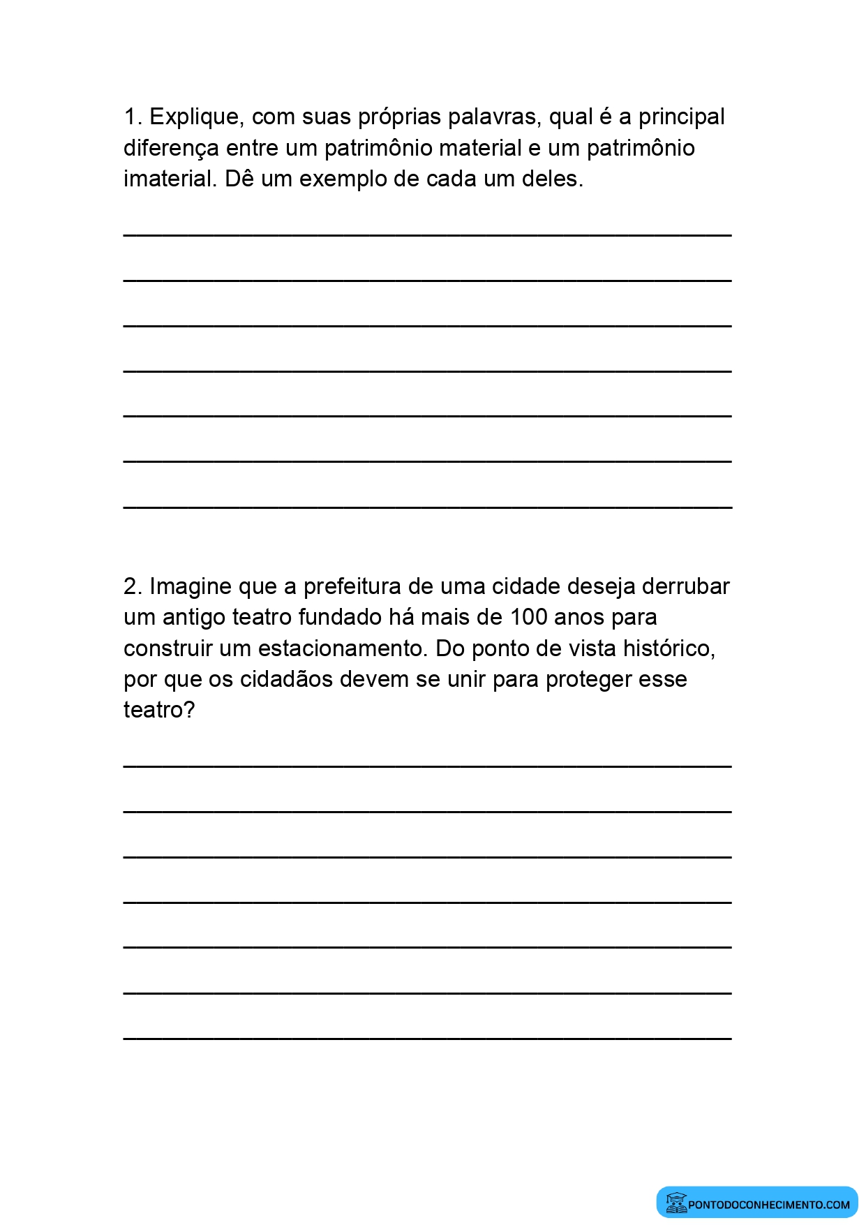 Questões discursivas sobre patrimônios materiais e imateriais da humanidade para o 5º ano