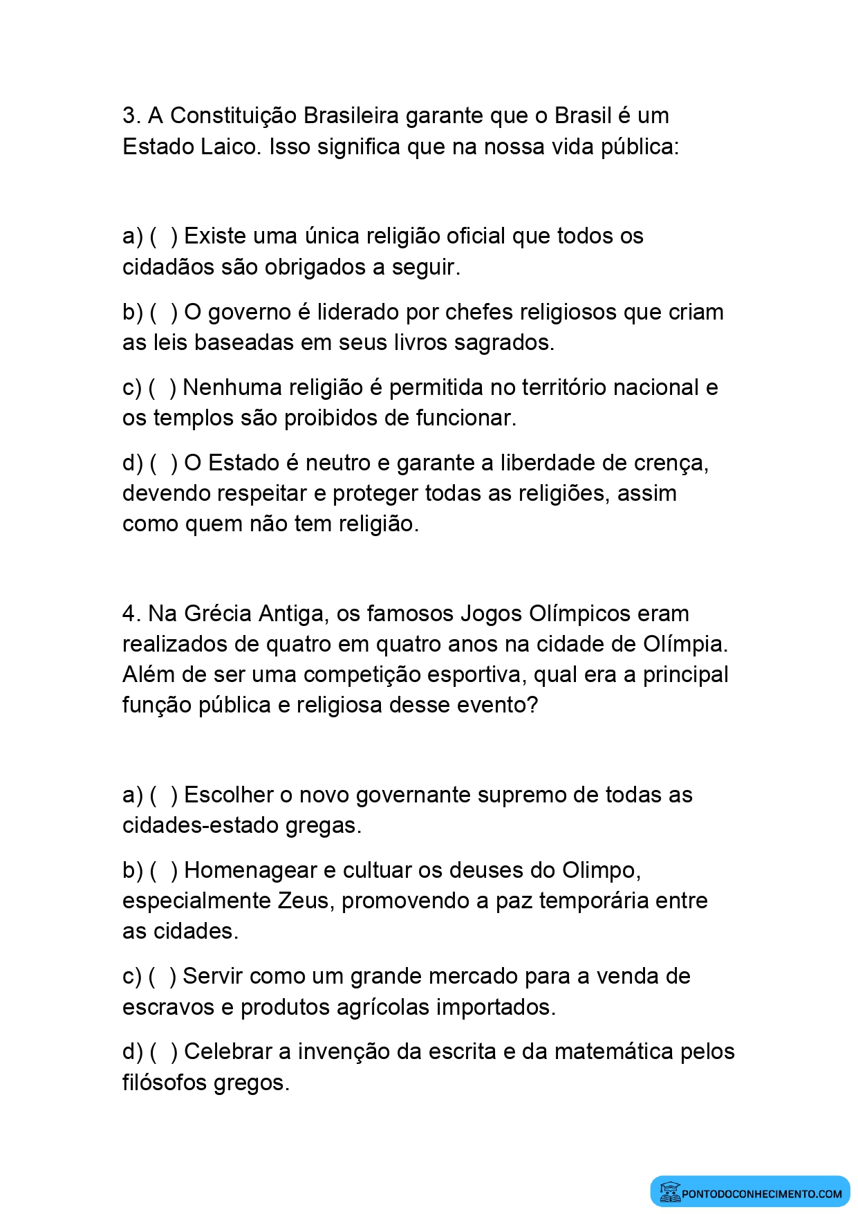 Exercícios de História sobre Religiosidade na Vida Pública e Privada para o 5º Ano