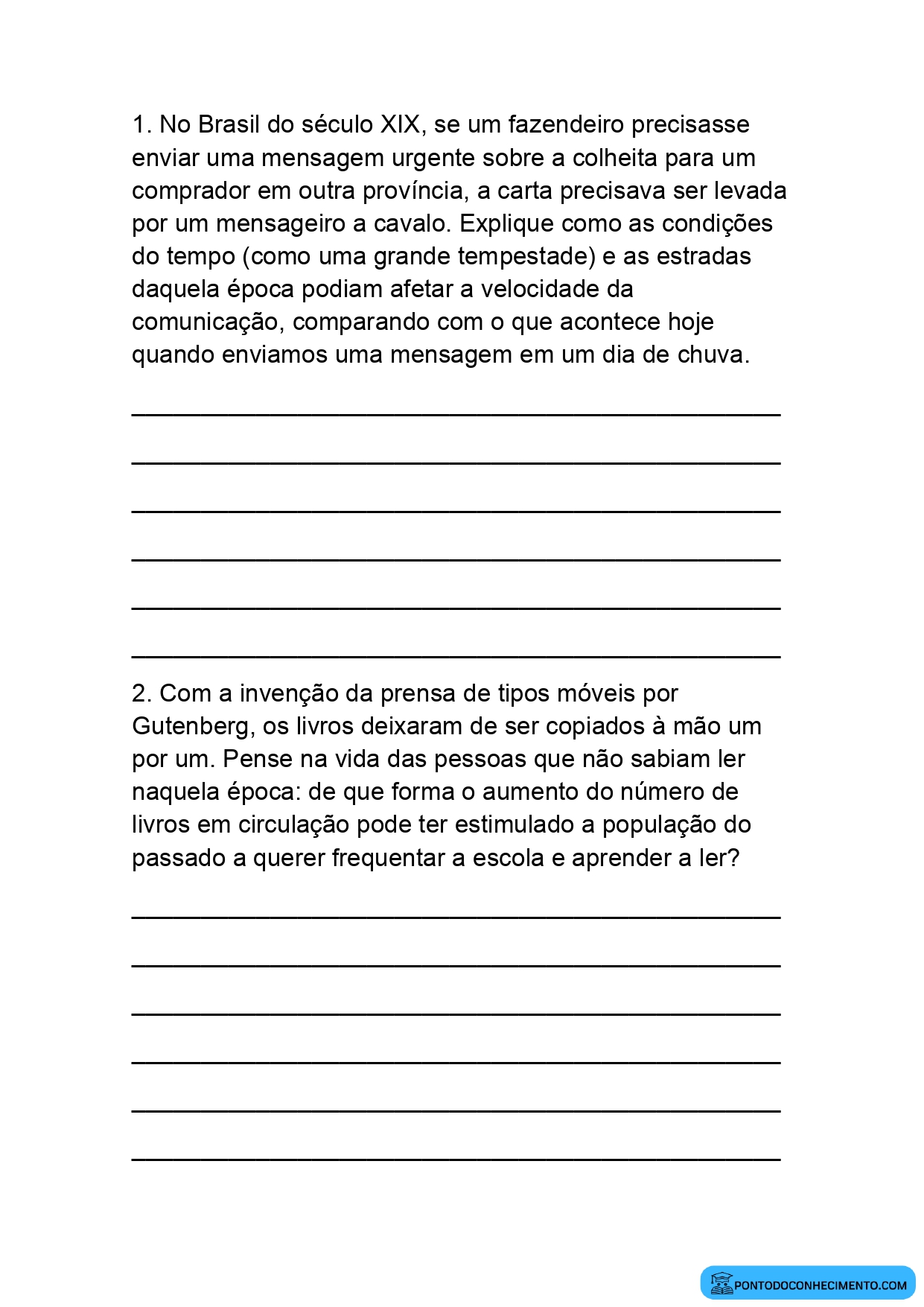 Questões discursivas de História sobre tecnologias de comunicação para o quinto ano