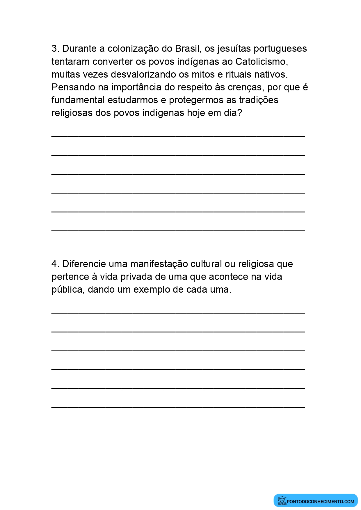 Questões discursivas de História sobre diversidade cultural para o quinto ano