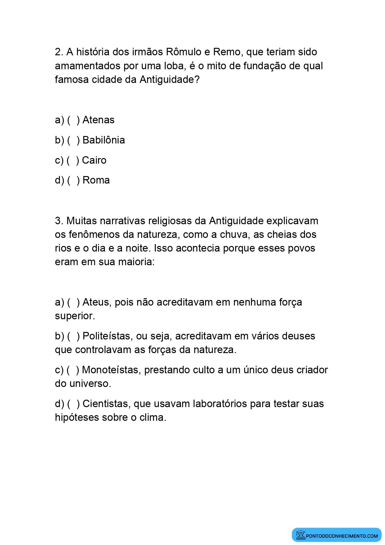 Exercícios de História sobre Narrativas Religiosas na Antiguidade para o 5º Ano