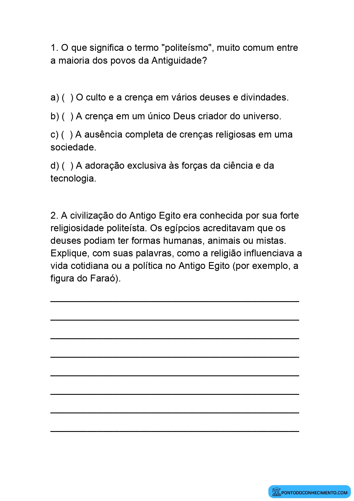 Exercícios de História 5º Ano sobre as Religiões das Sociedades Antigas