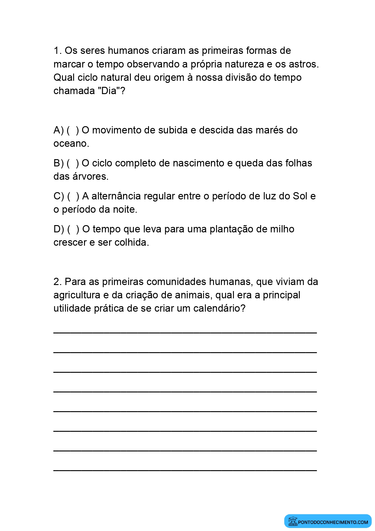 Exercícios de História 5º Ano sobre Marcação do Tempo e Calendários