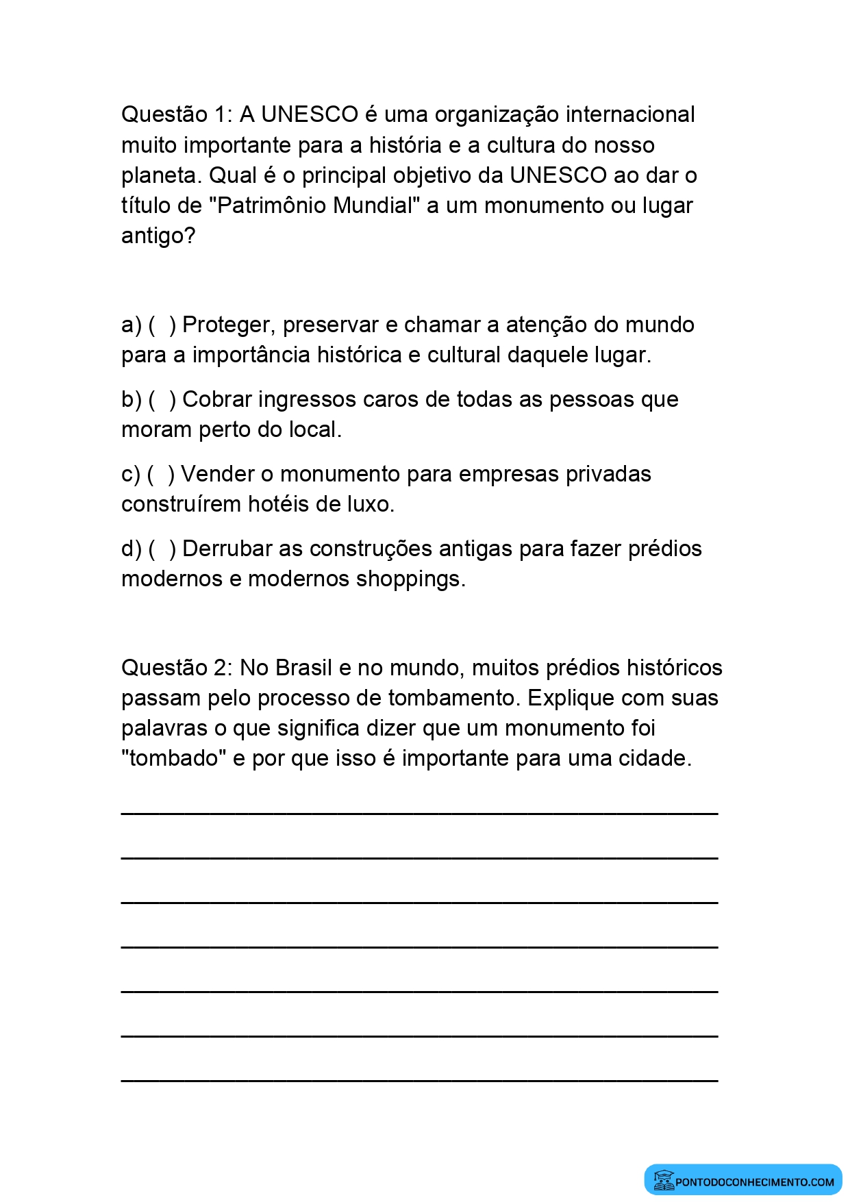Exercícios de História 5º Ano sobre Monumentos Tombados pela UNESCO