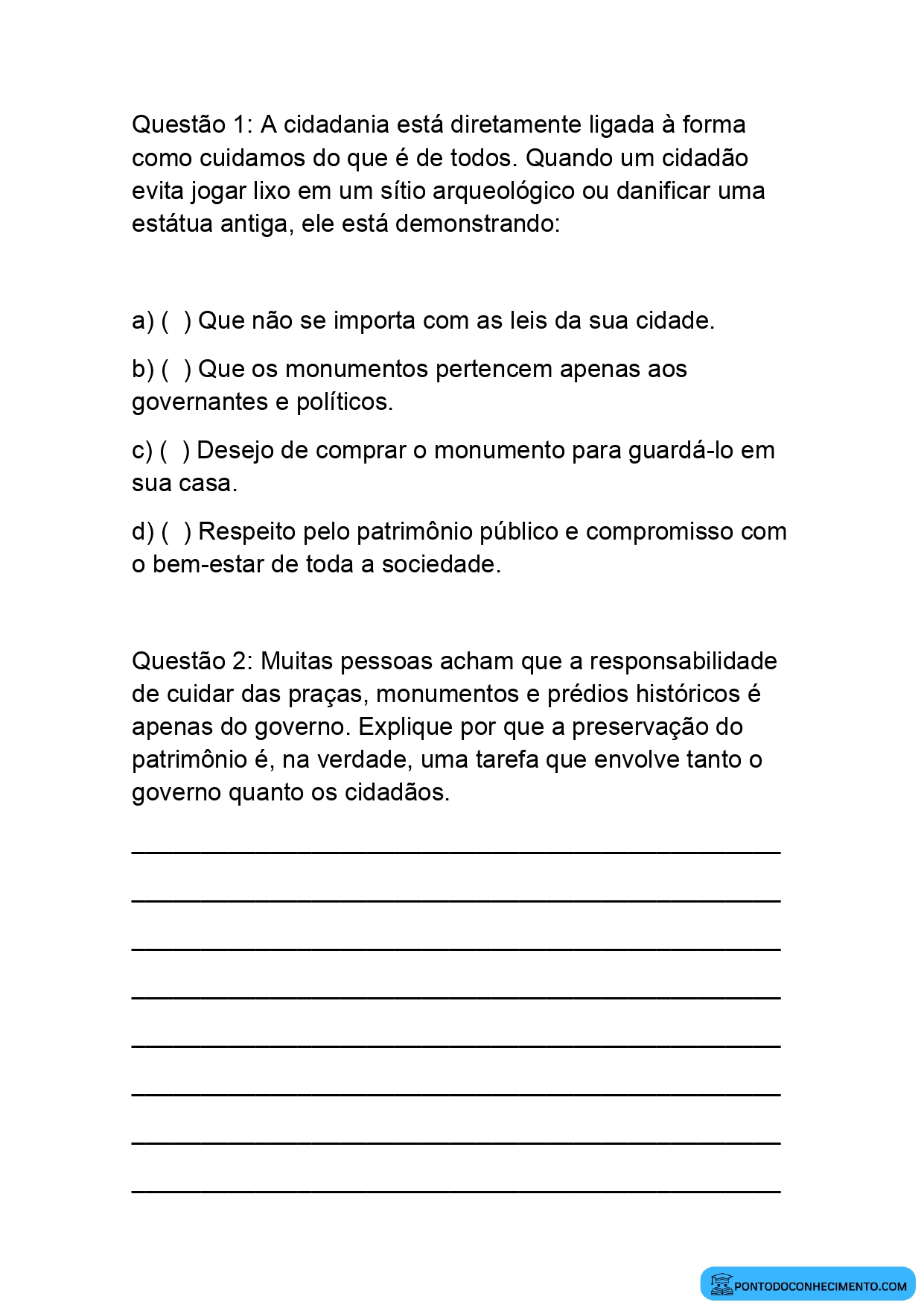 Exercícios de História 5º Ano sobre Patrimônio Cultural e Cidadania