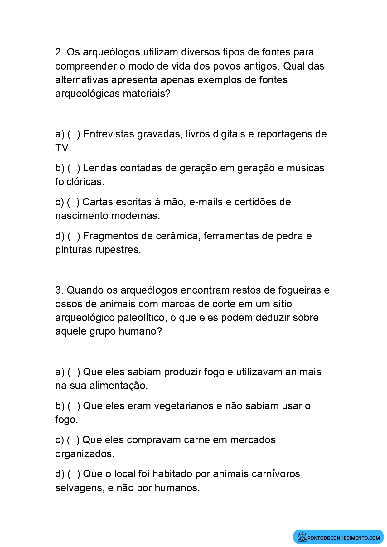 Exercícios de História para o 5º Ano sobre Arqueologia