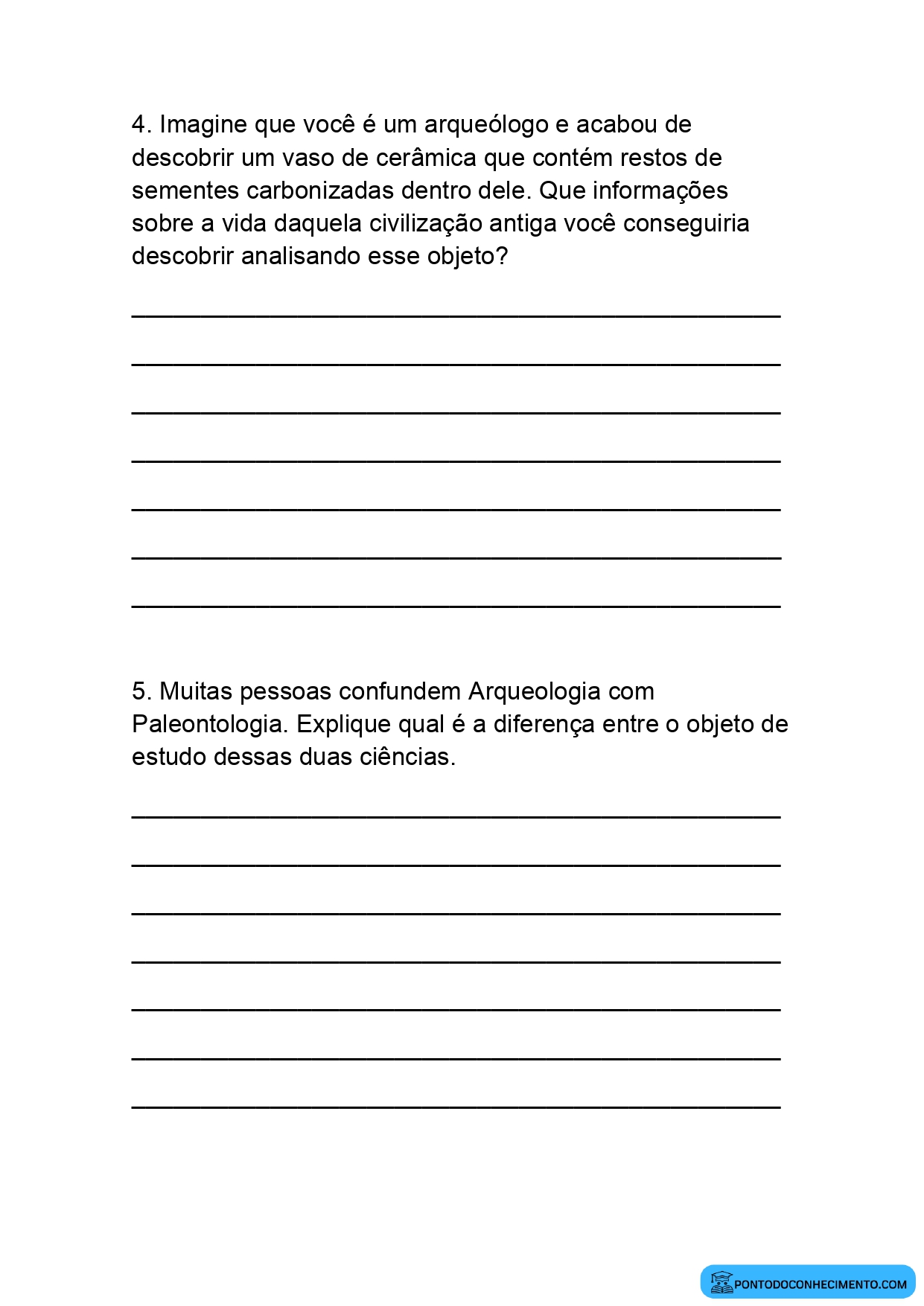 Exercícios de História sobre arqueologia quinto ano
