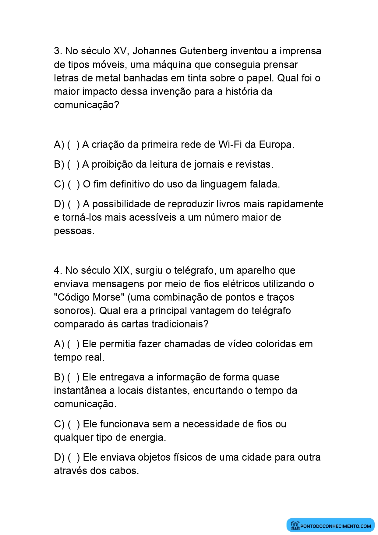 Atividade de múltipla escolha sobre meios de comunicação para o quinto ano