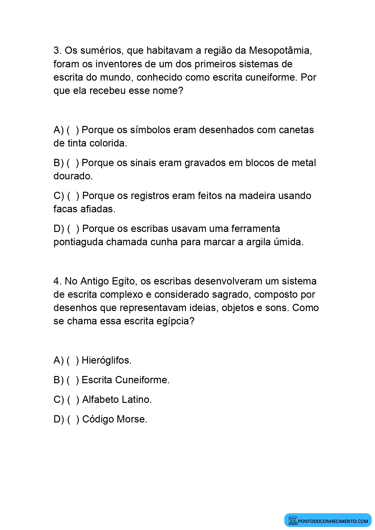 Atividade sobre as primeiras formas de escrita quinto ano