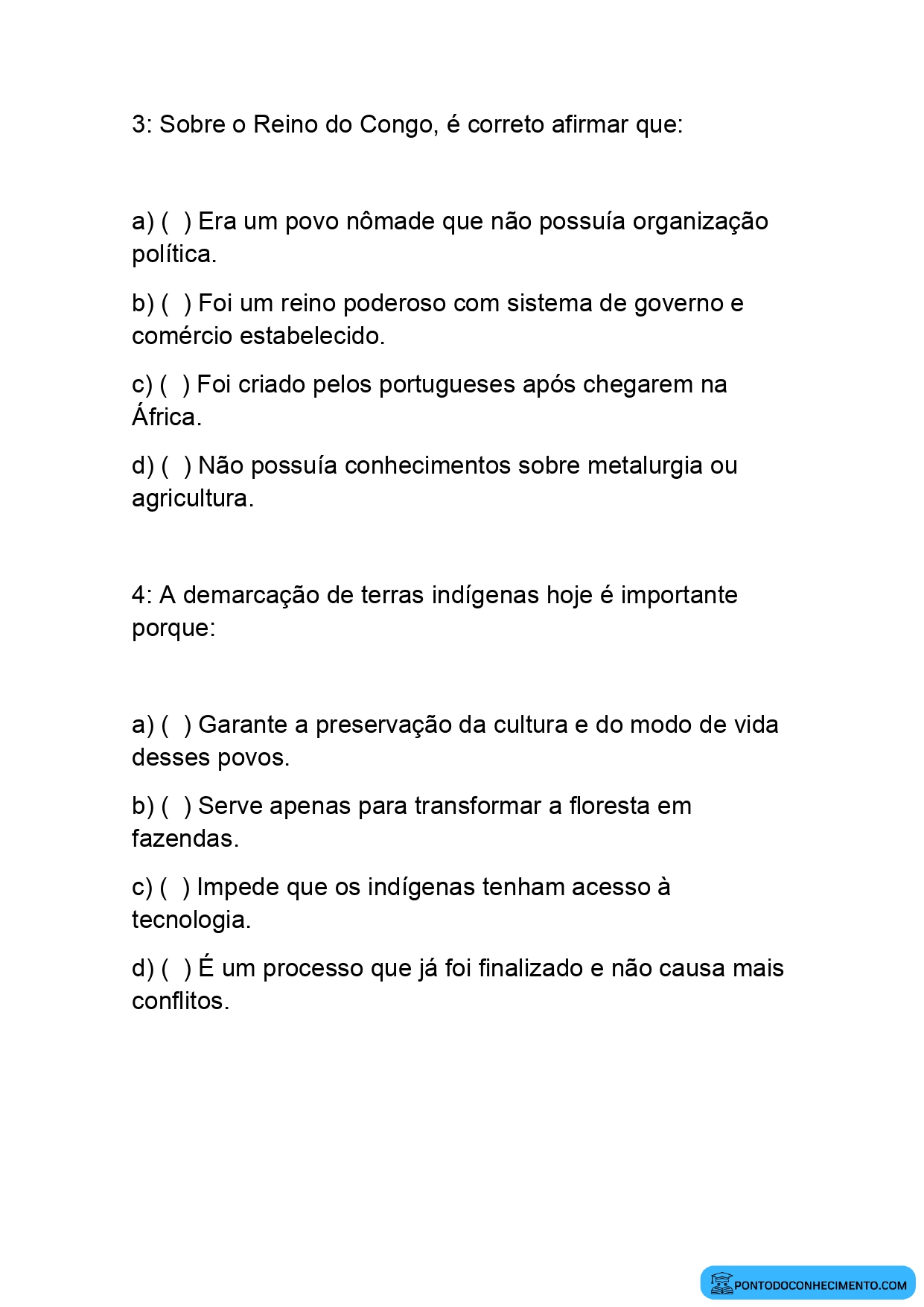 Exercícios de História sobre povos indígenas e africanos quinto ano