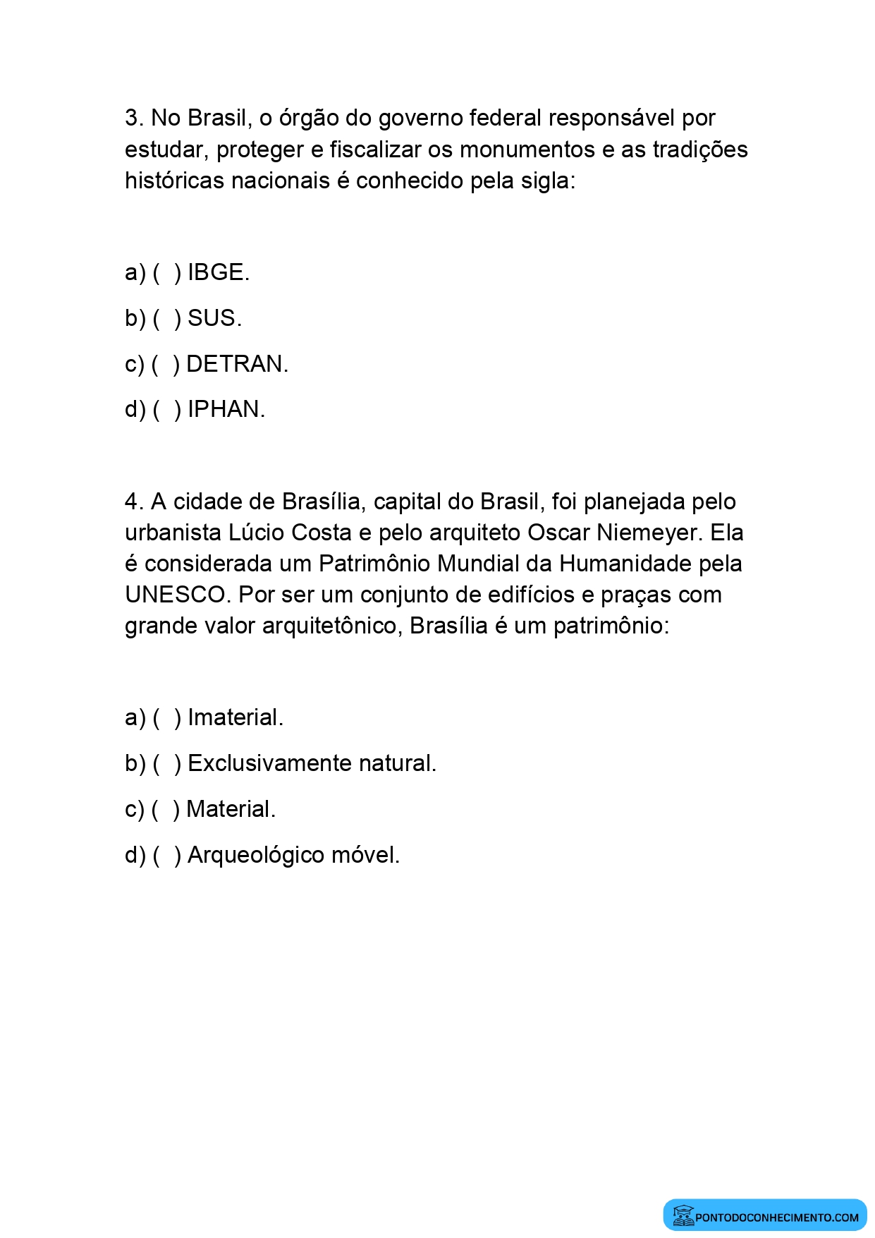 Atividade sobre patrimônio cultural material e imaterial quinto ano