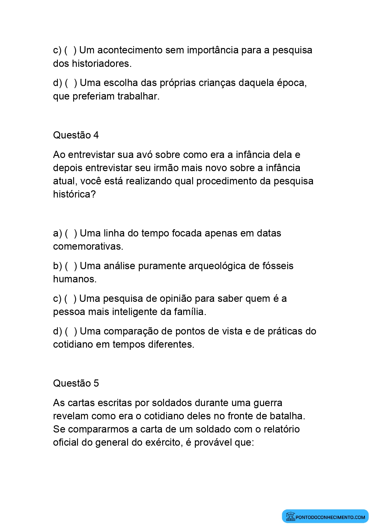 Atividade sobre história do cotidiano e fontes históricas quinto ano