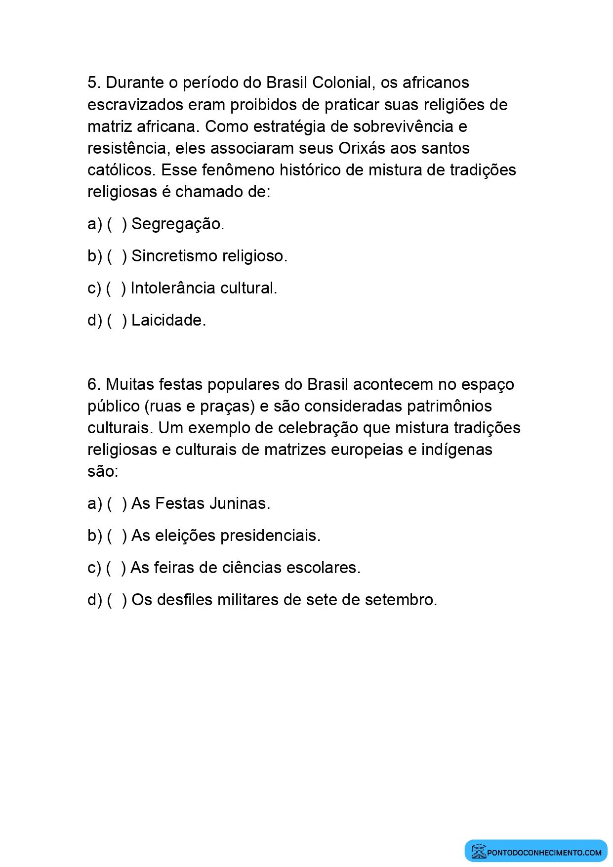 Atividade sobre tolerância e respeito às diferenças culturais quinto ano