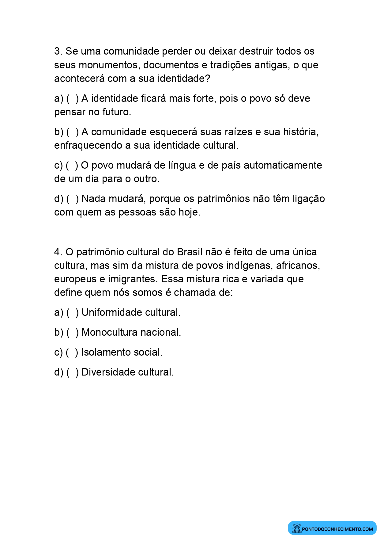 Atividade sobre patrimônio e identidade cultural dos povos quinto ano