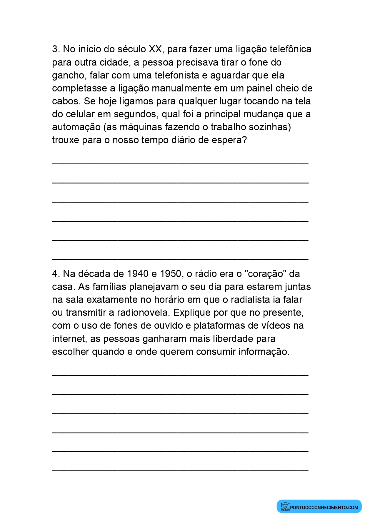 Exercícios de História sobre comunicação no passado e no presente para o 5º ano
